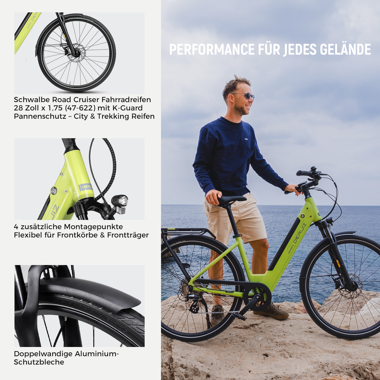 Ein Mann steht mit einem hellgrünen E-Bike auf Felsen am Meer, begleitet von Detailaufnahmen von Reifen, Rahmen und Schutzblech.