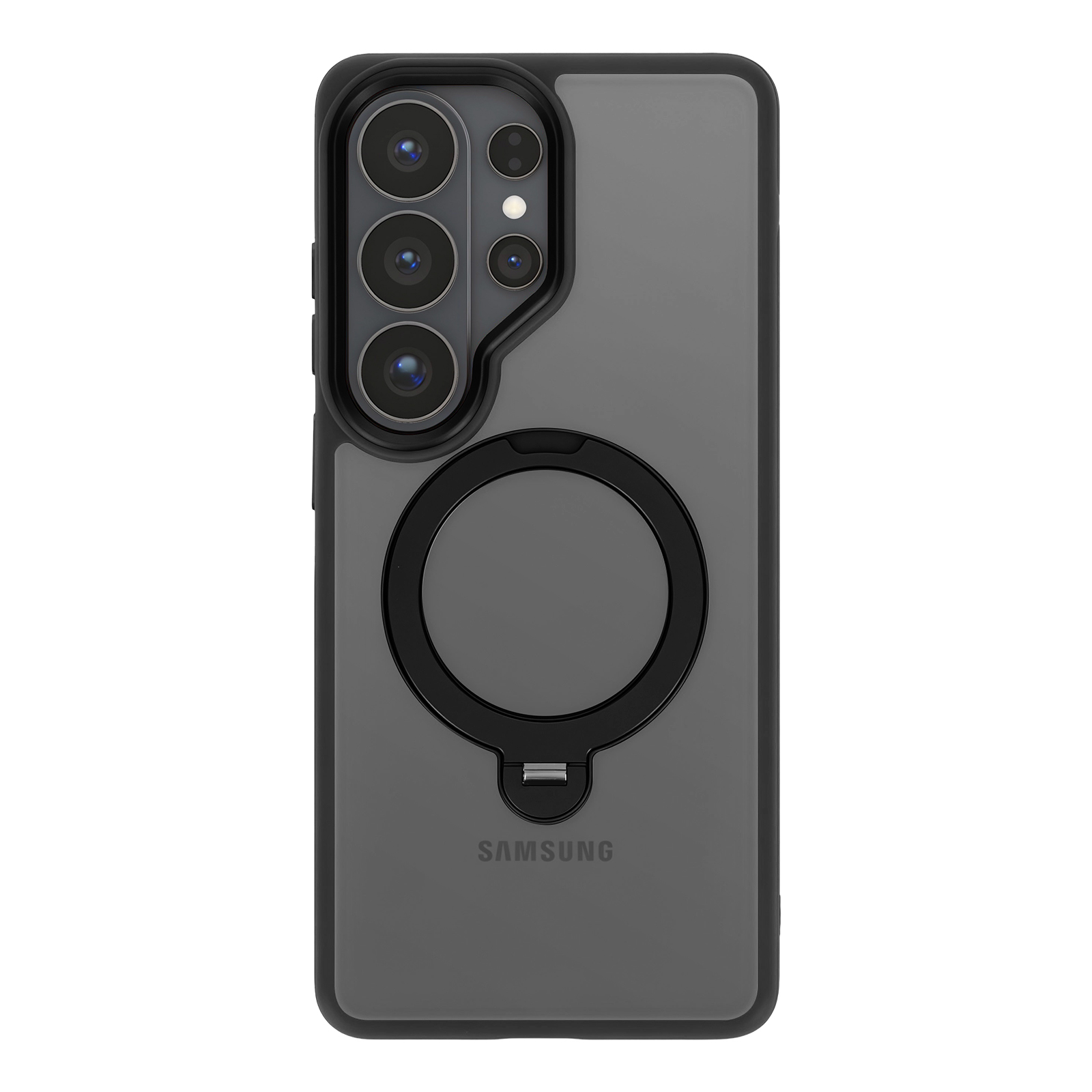 Un smartphone negro en una funda gris translúcida con módulo de cámara trasera y soporte de anillo magnético.