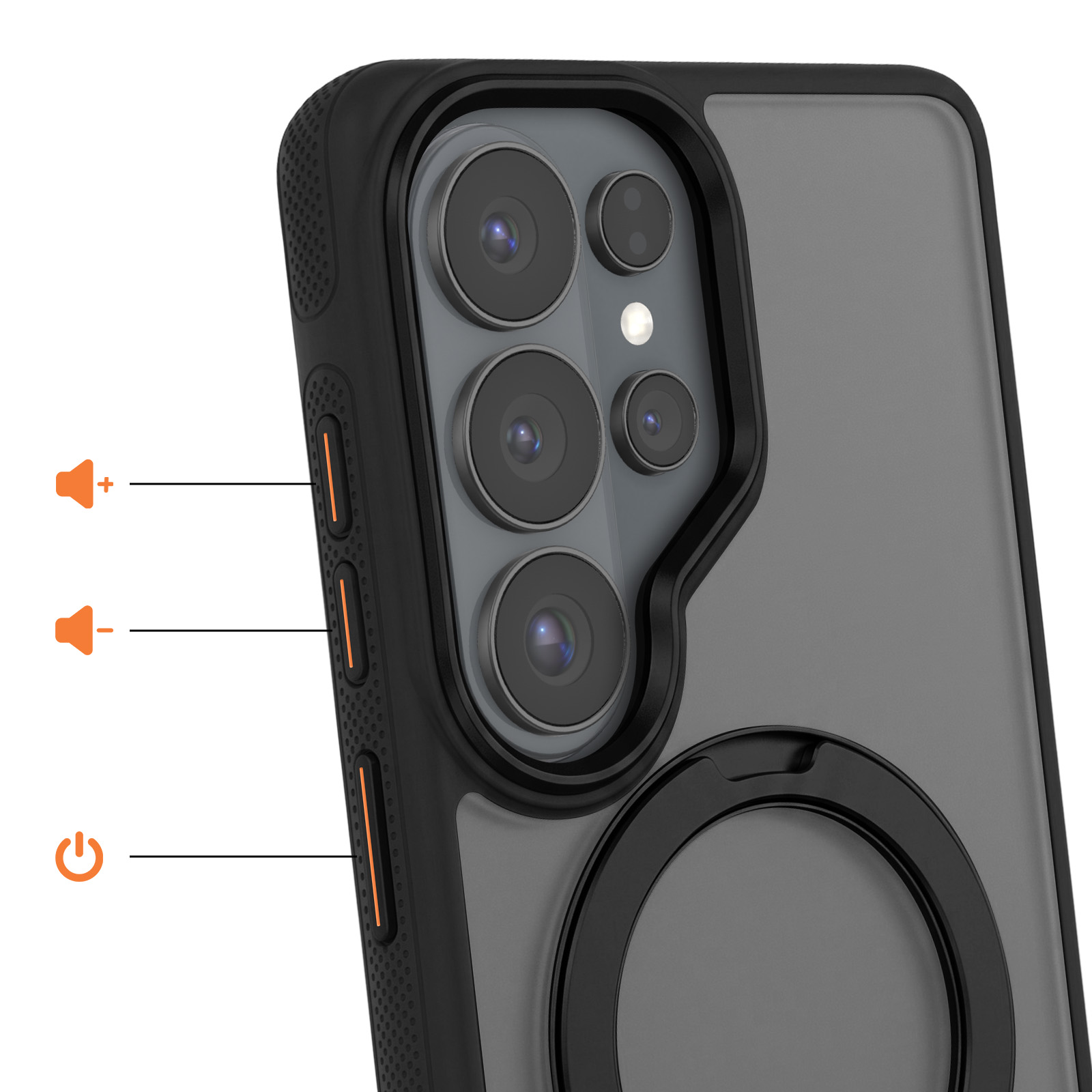 Parte trasera de una funda negra con módulo de cámara y botones naranjas resaltados.