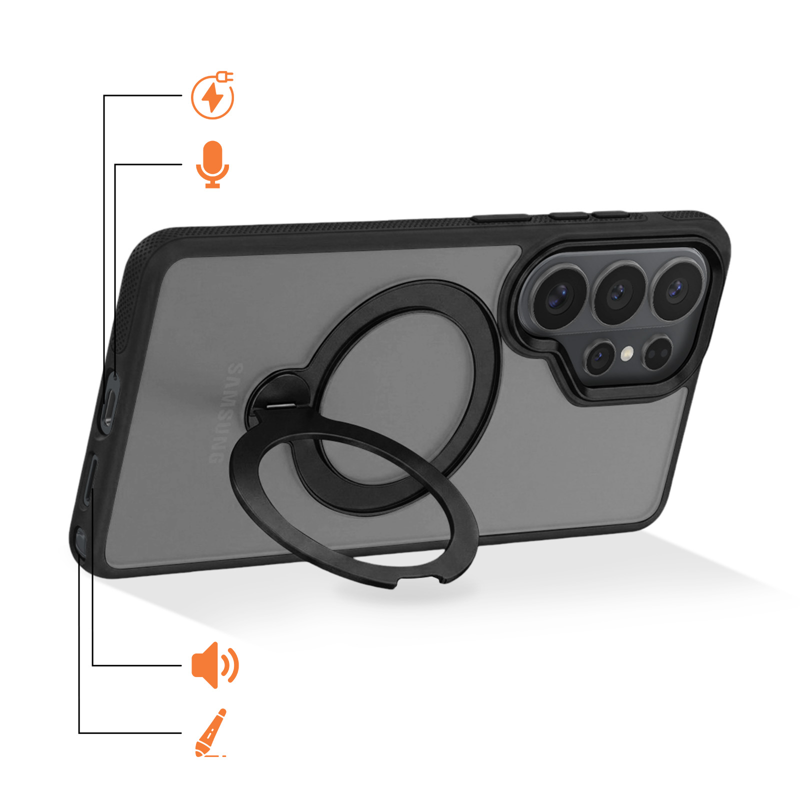 Funda de móvil negra con soporte de anillo integrado e iconos de puertos sobre fondo blanco.