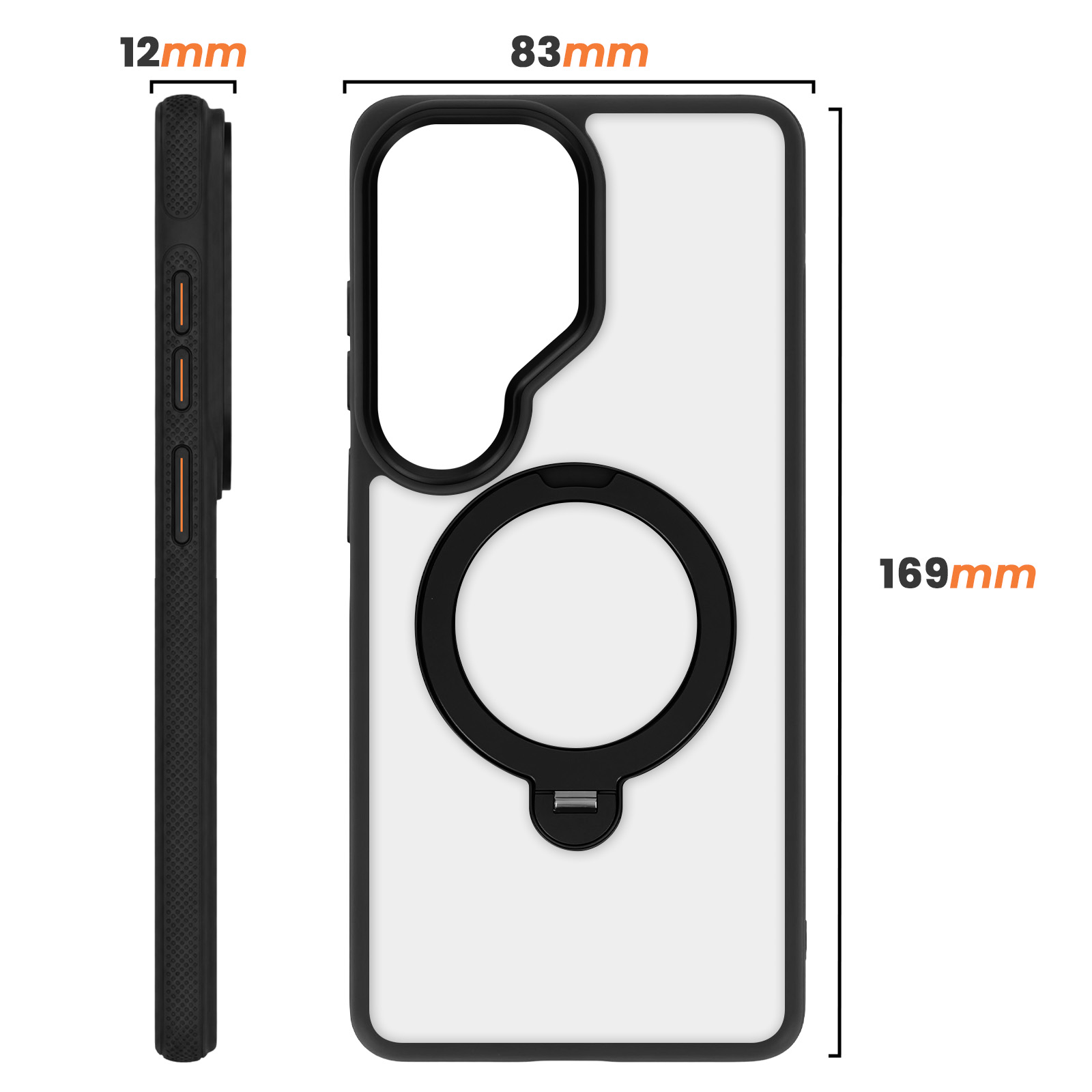 Una funda de móvil negra con dimensiones: 12mm de grosor, 83mm de ancho y 169mm de alto.