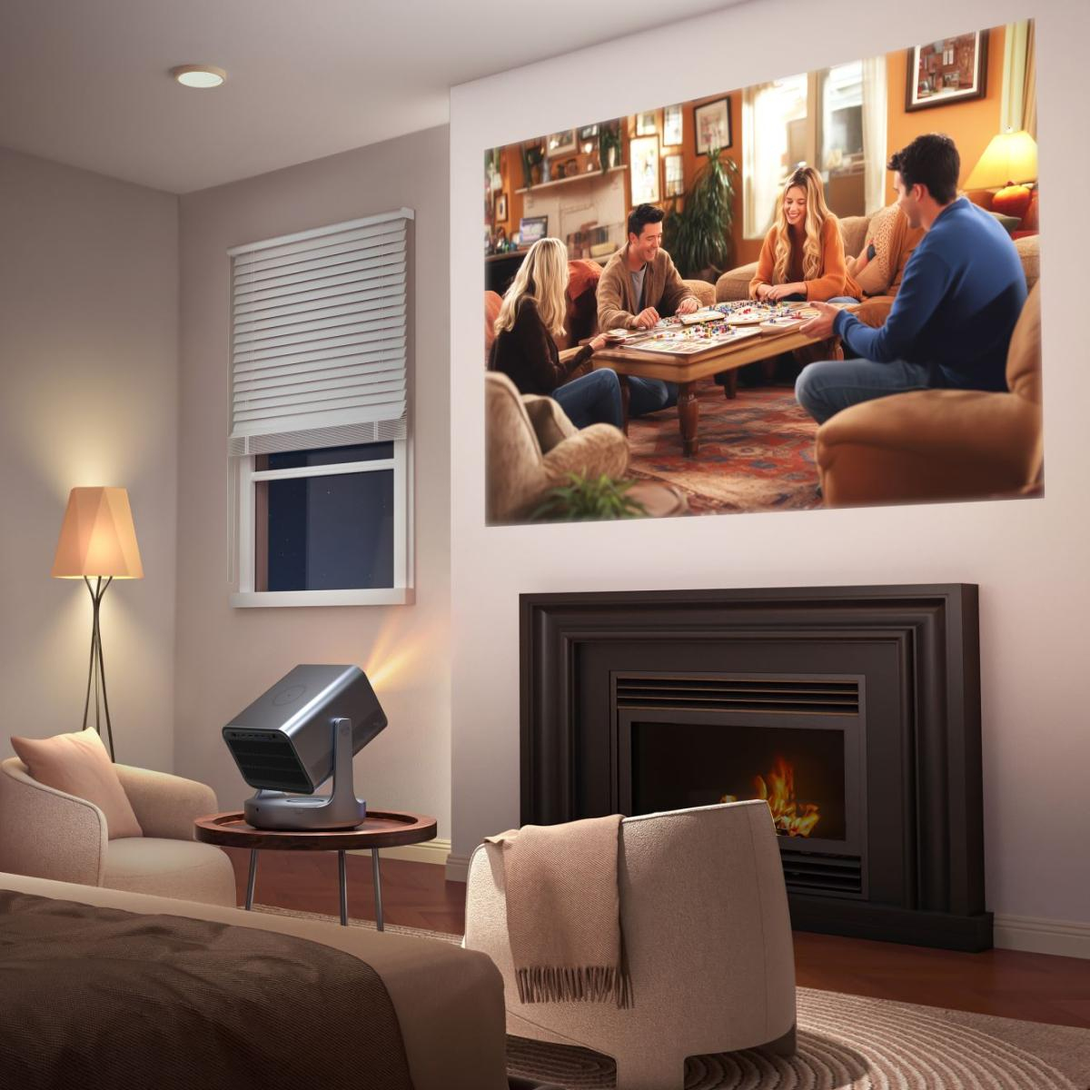 Un proyector en una mesa pequeña proyecta a cuatro personas jugando en la pared de la sala.