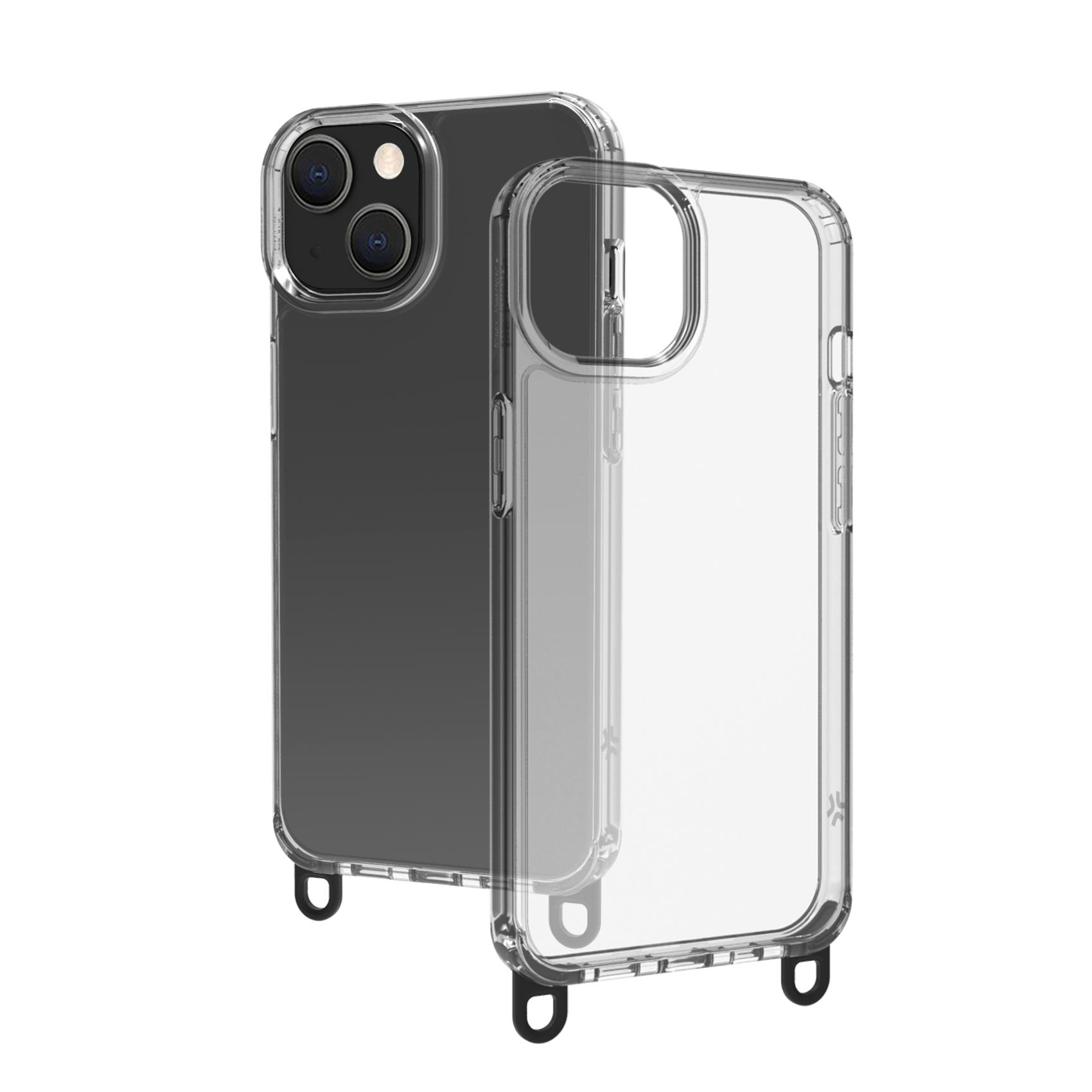 Funda de teléfono transparente con ojales integrados para cordones sobre fondo blanco.