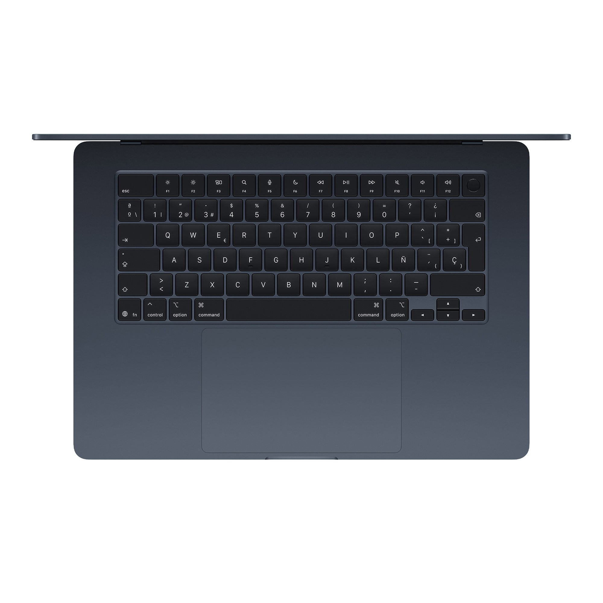 Vista superior de un ordenador portátil oscuro con teclado, trackpad y distribución en español.