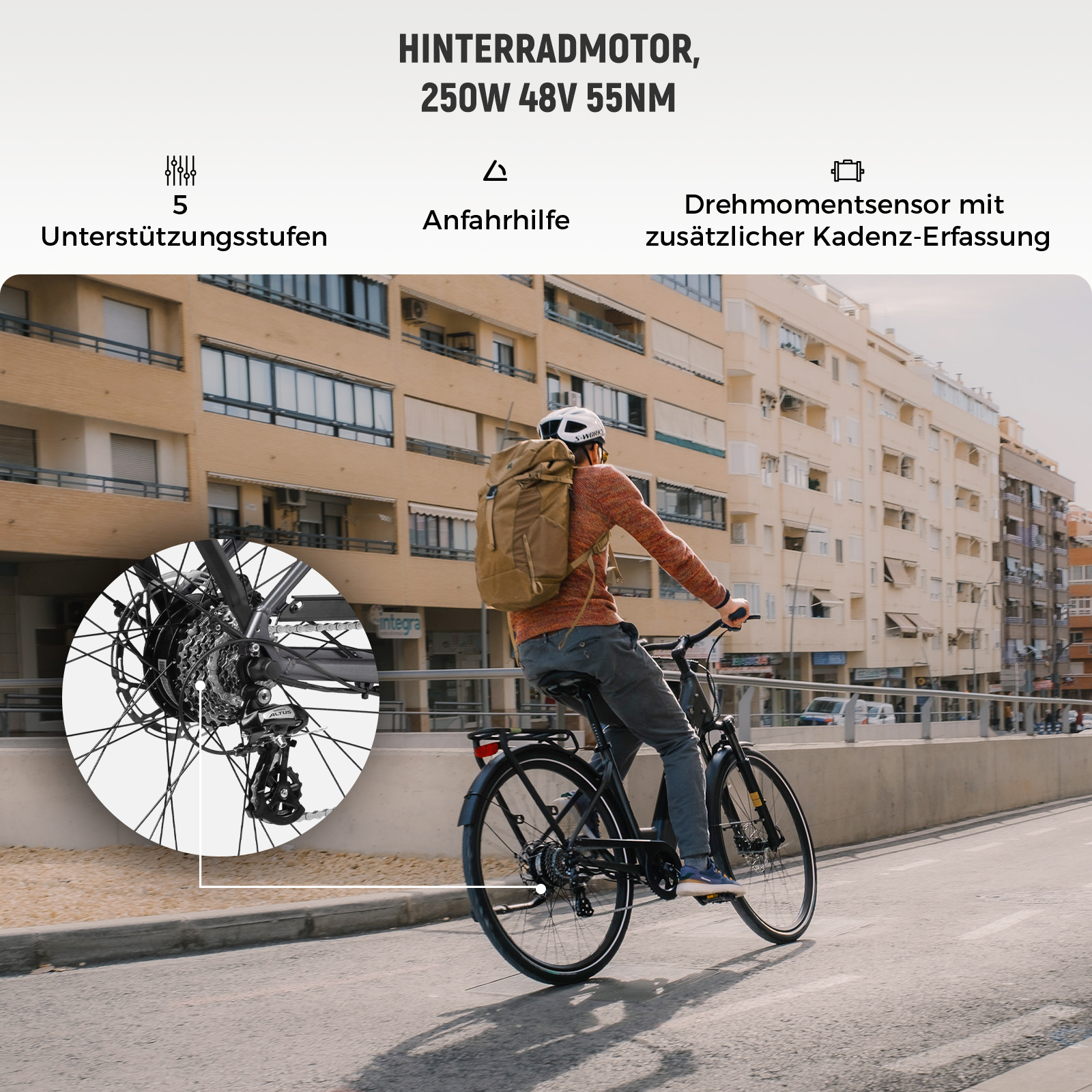 E-Bike mit 250W Heckmotor, 5 Stufen, Anfahrhilfe und Drehmomentsensor vor einem Gebäude.