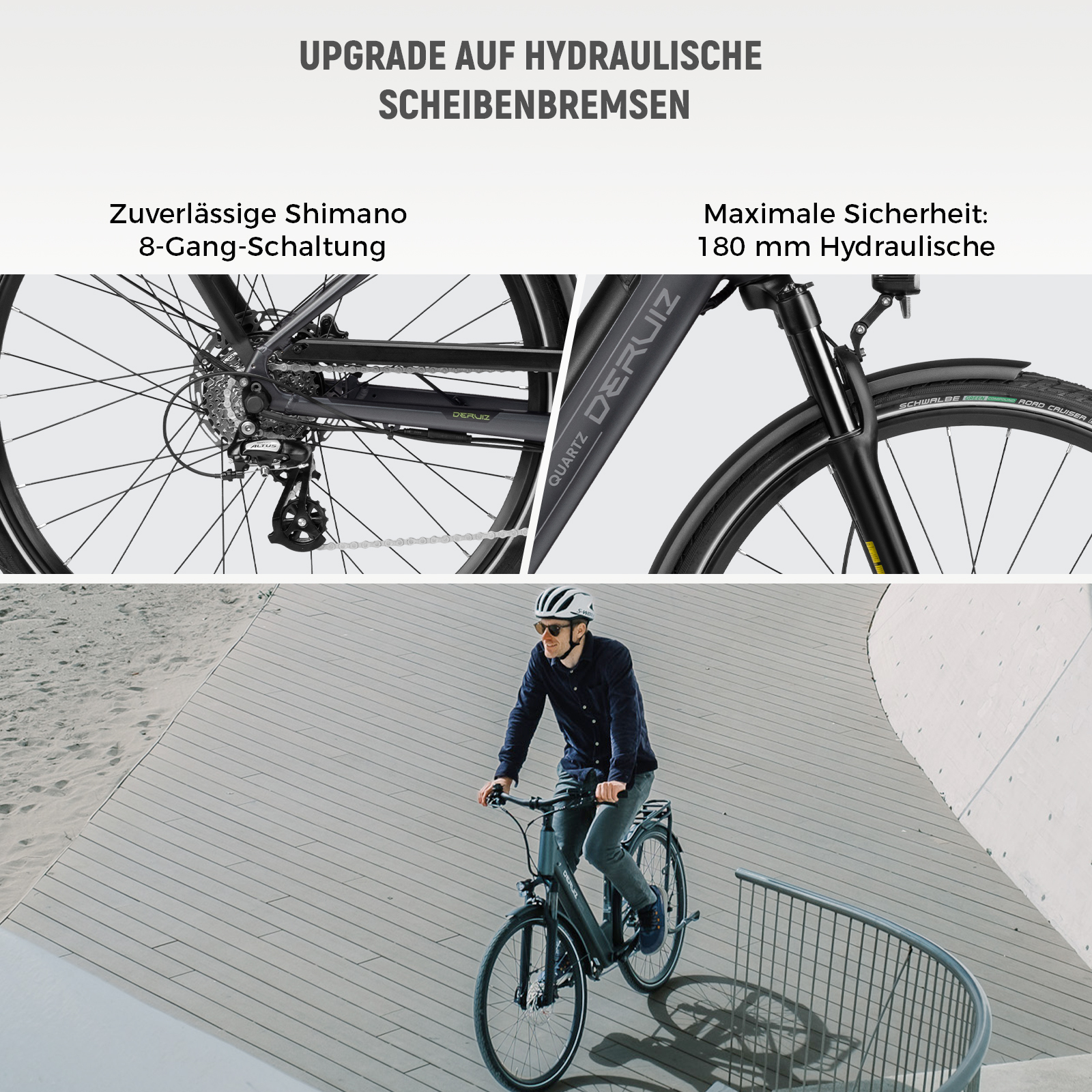 Nahaufnahmen von Schaltung und Bremsen, Mann fährt Deruiz E-Bike auf gepflastertem Weg.