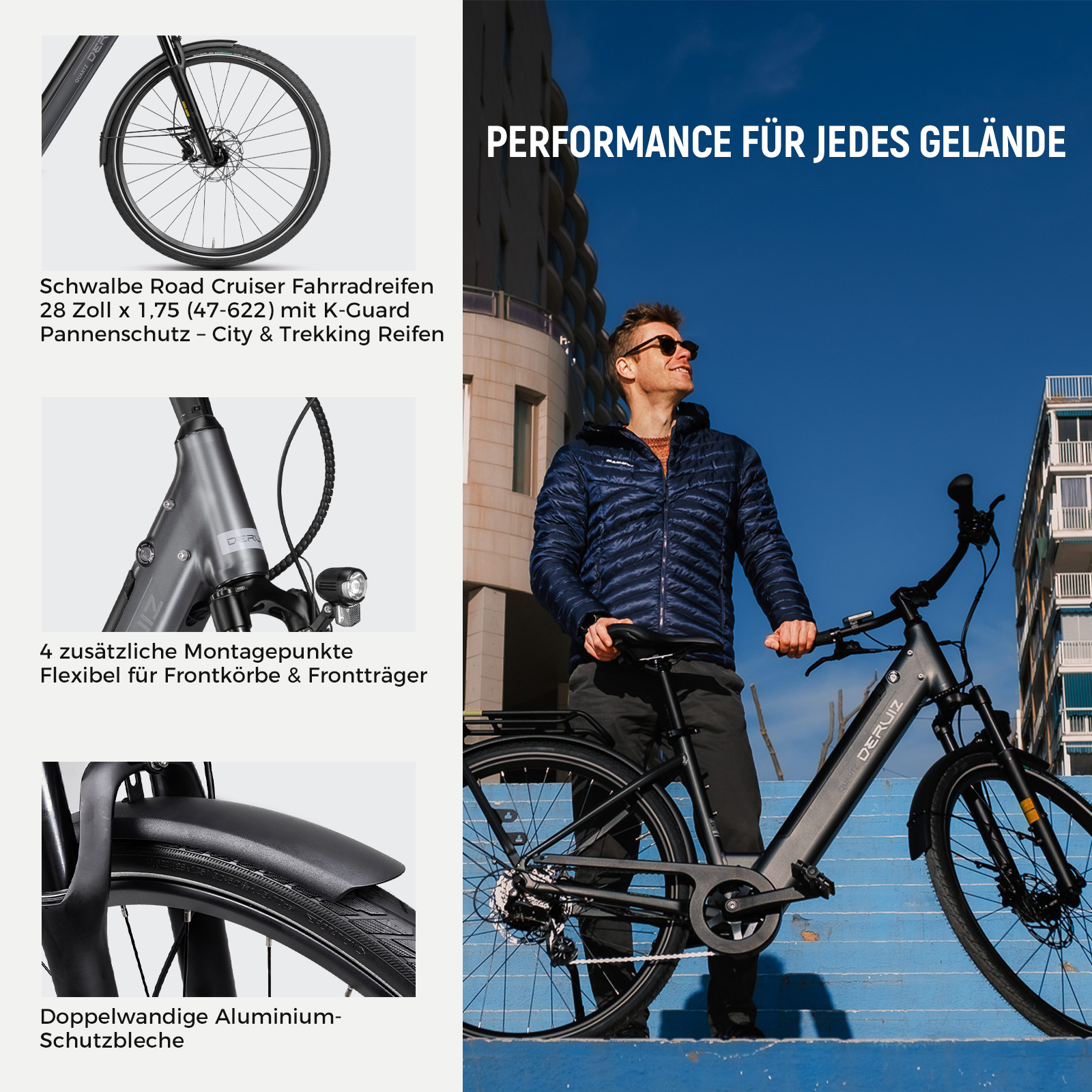 Ein Mann steht mit einem E-Bike im Freien; links sind drei Detailbilder mit Reifen, Rahmen und Schutzblech gezeigt.