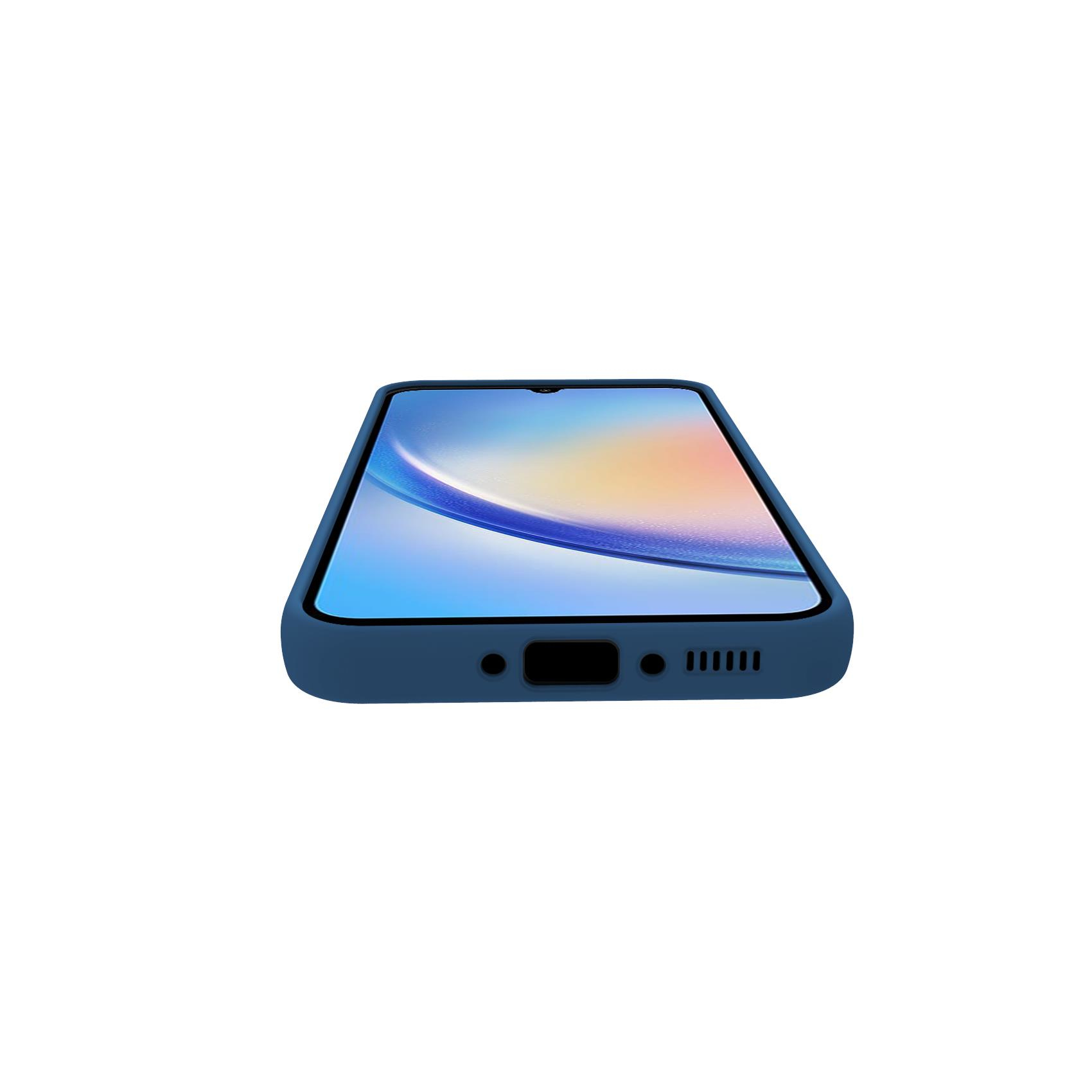 Un teléfono inteligente en una funda azul oscura con una pantalla colorida sobre fondo blanco.