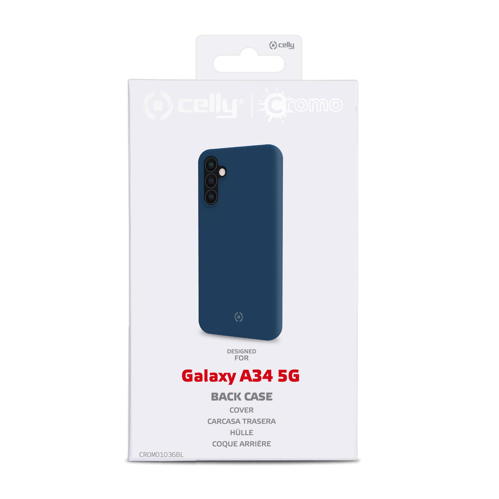 Funda de móvil azul para Galaxy A34 5G en envase blanco.