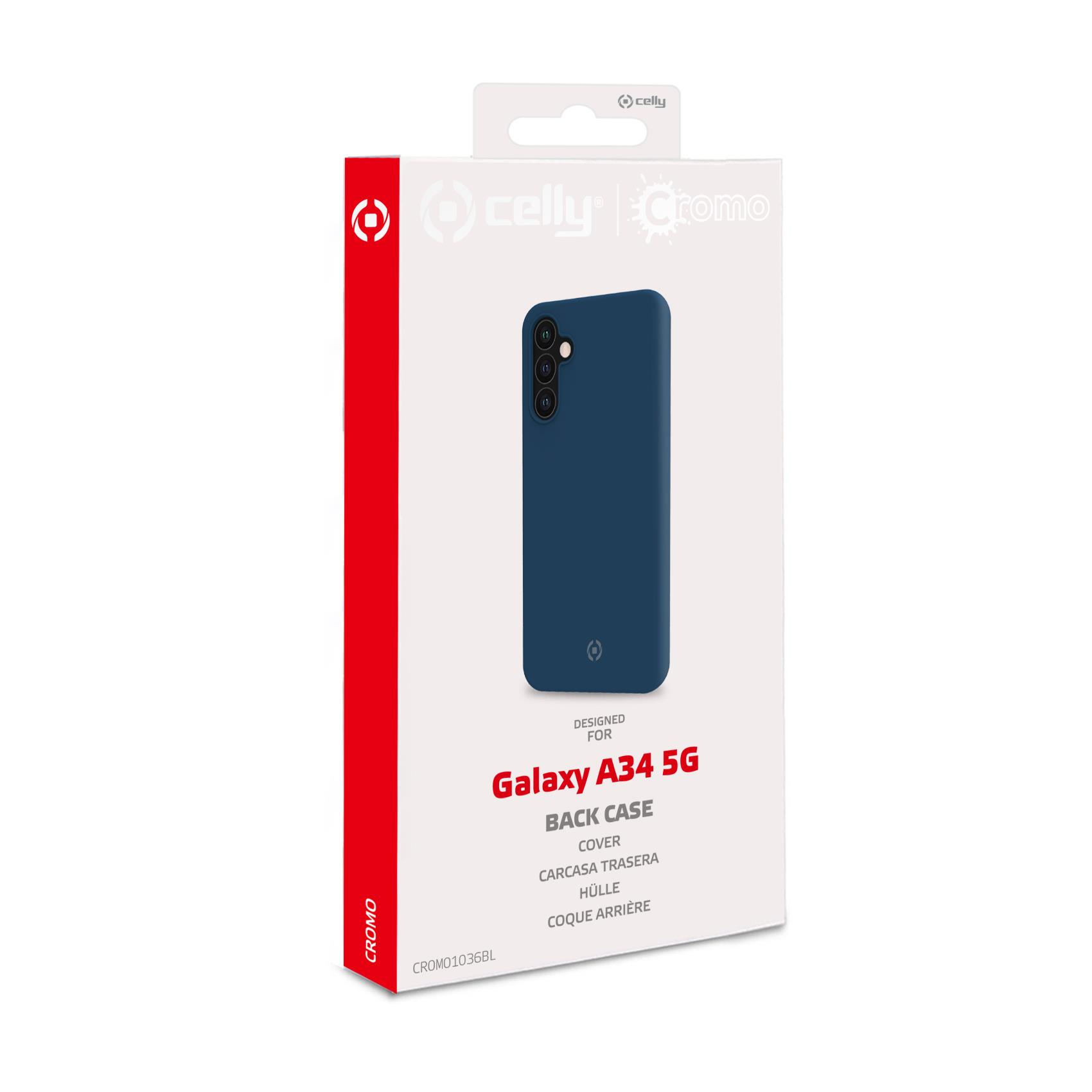 Caja blanca Celly Cromo para funda trasera Galaxy A34 5G con imagen de funda azul.