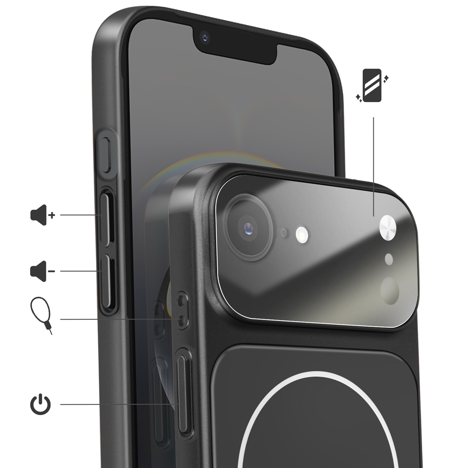 Schwarze Smartphone-Hülle mit Symbolen, die Tasten, Kamera und kabelloses Laden zeigen.