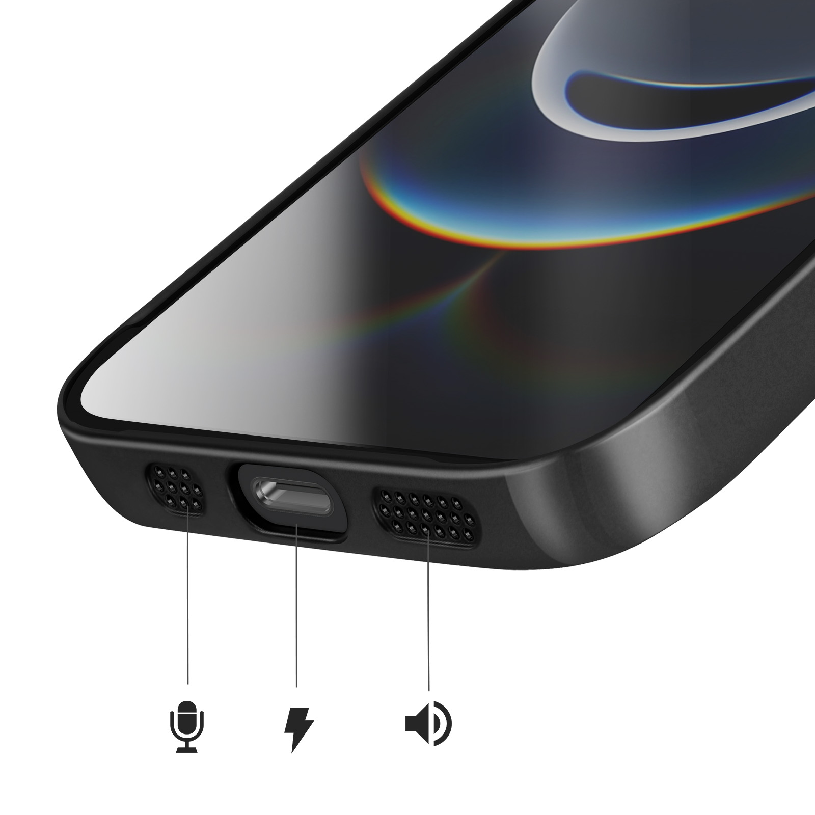 Unterseite eines Smartphones mit Ladeanschluss, Lautsprecher und Mikrofon, mit Symbolen gekennzeichnet.
