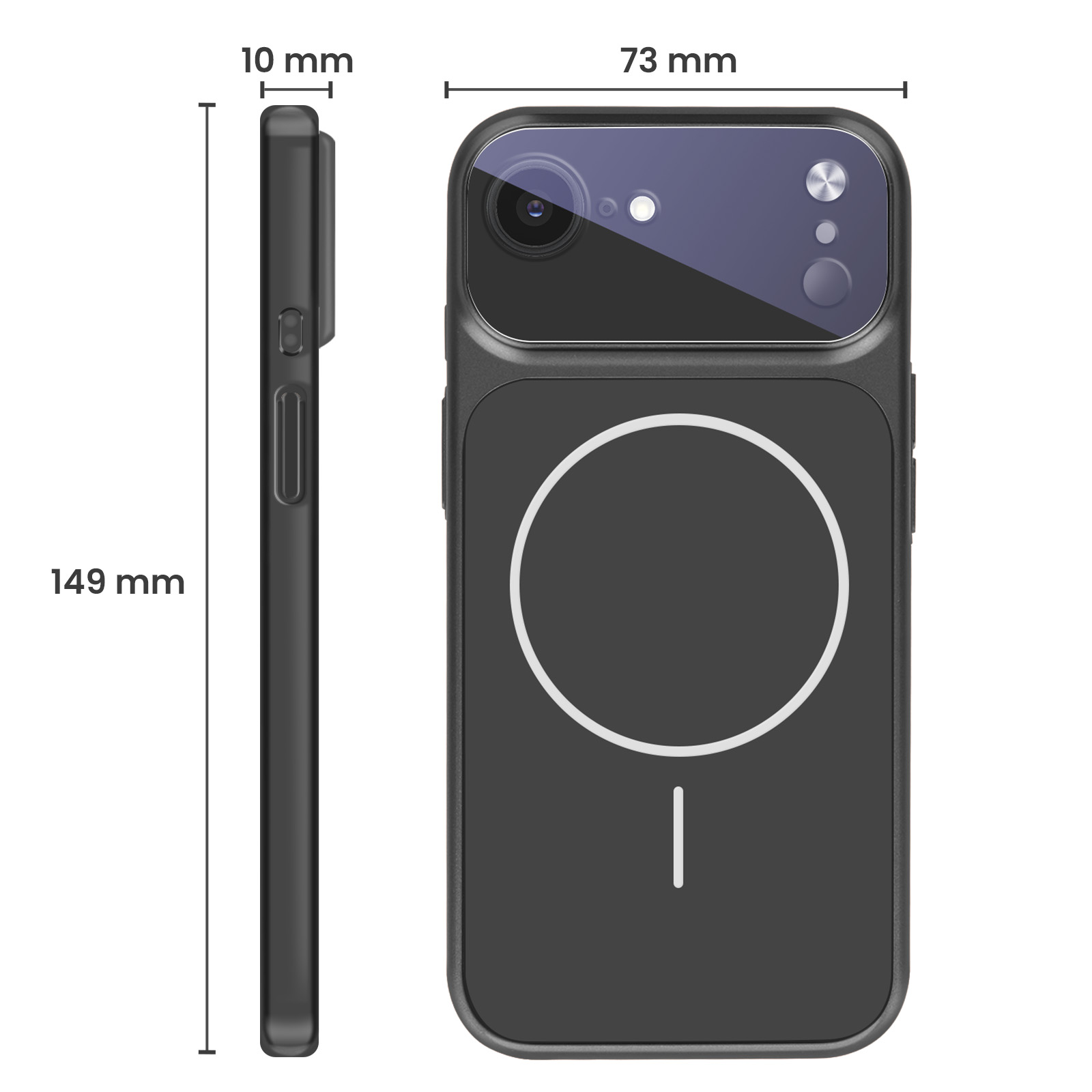 Technische Zeichnung der Abmessungen eines schwarzen Smartphones, 149 mm Höhe, 73 mm Breite und 10 mm Dicke.