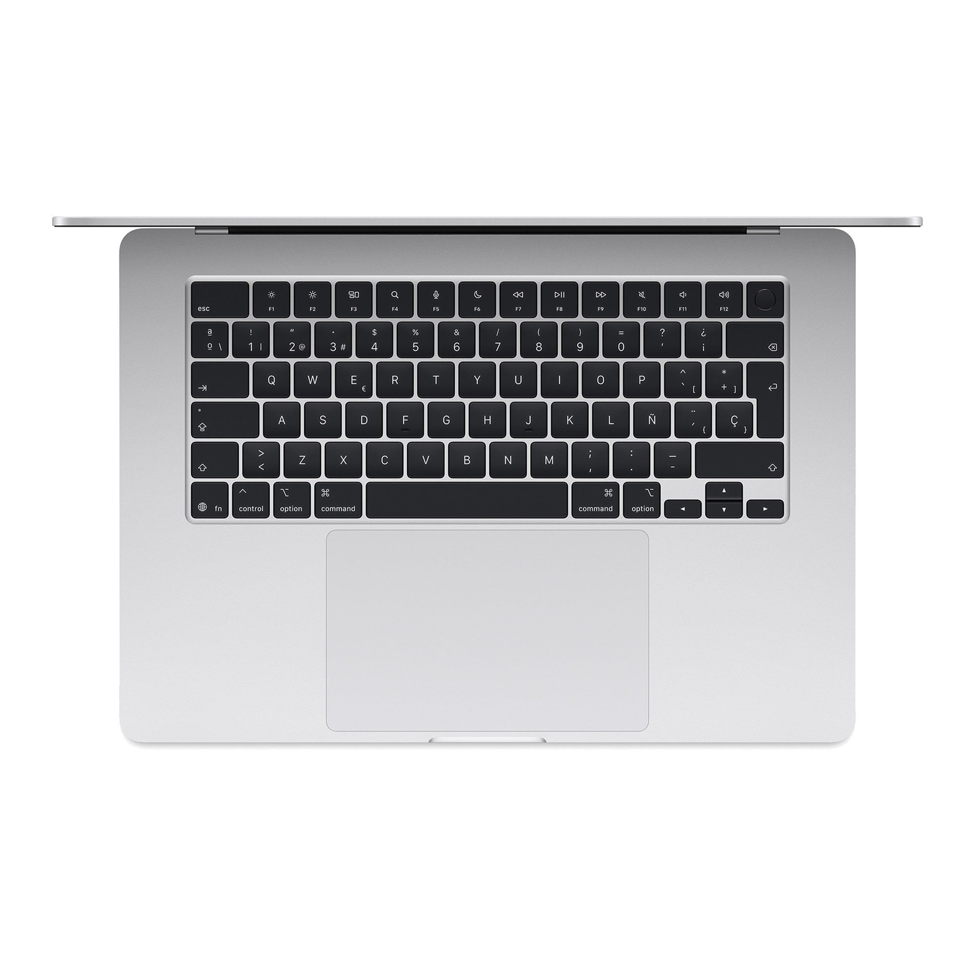 Vista superior de un MacBook plateado con teclado negro y un trackpad grande sobre fondo blanco.