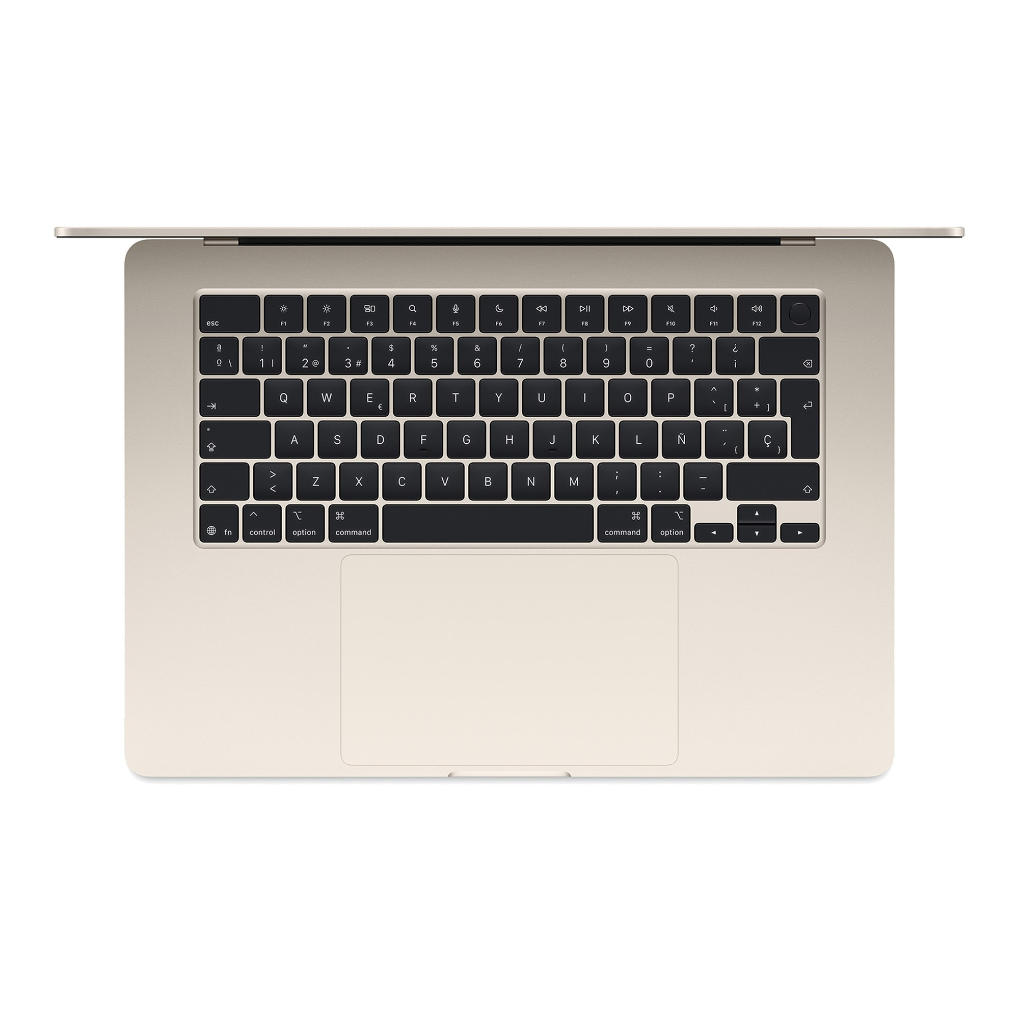 Vista superior de un portátil dorado con teclado negro y gran panel táctil sobre fondo blanco.