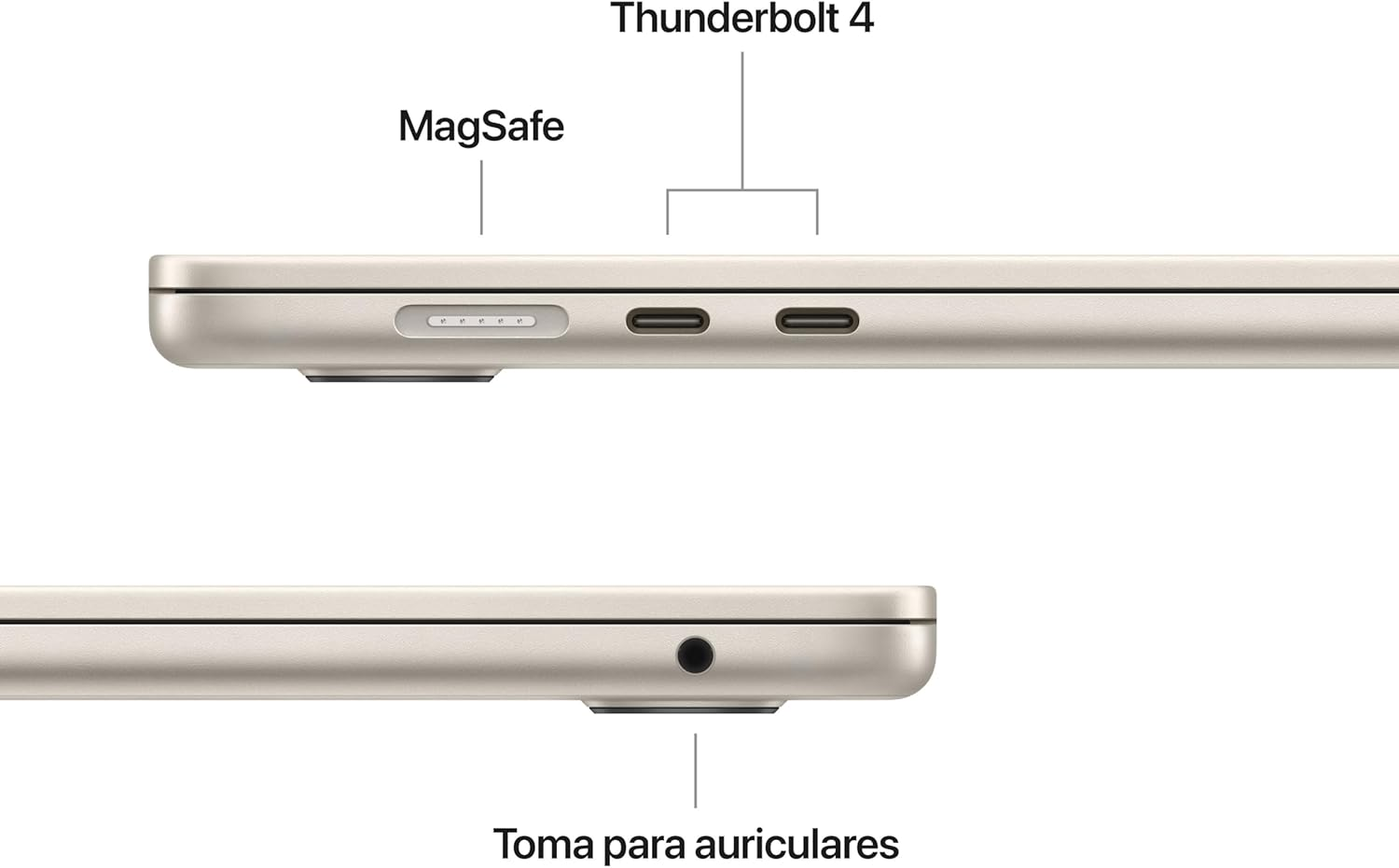 Vista lateral de un portátil con puertos MagSafe, Thunderbolt 4 y toma para auriculares.