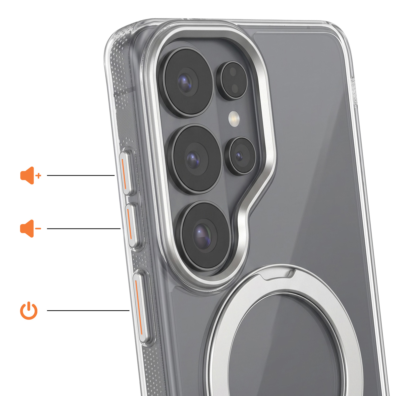 Rückseite eines Smartphones in einer Schutzhülle mit mehreren Kameralinsen, Lautstärketasten und Ein-Aus-Taste.