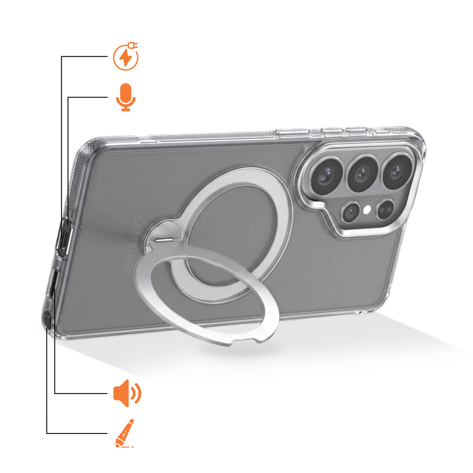 Smartphone in klarer Hülle mit integriertem Ringständer hinten und orangefarbenen Icons für Anschlüsse links.