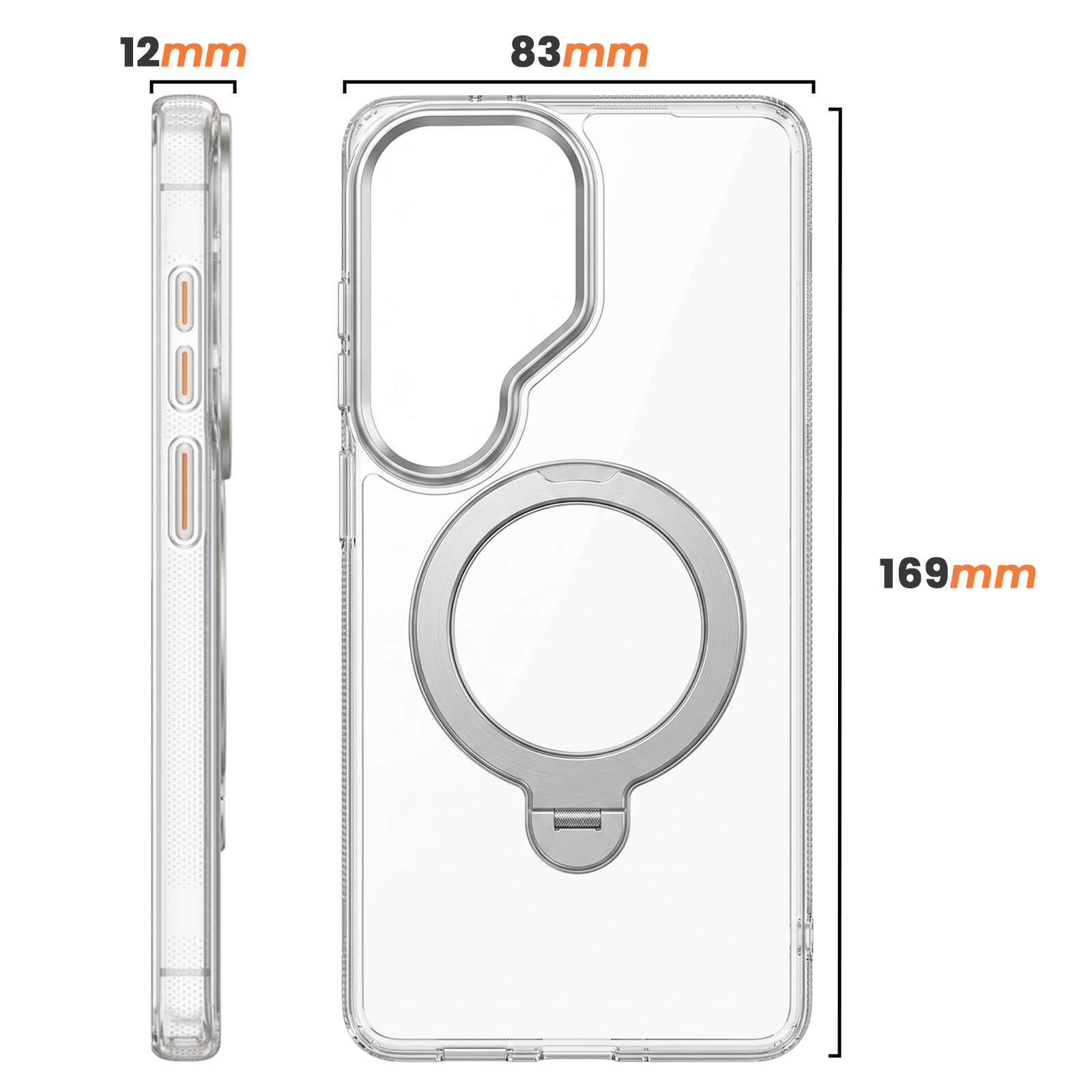 Transparente Handyhülle mit MagSafe-Ring, Maße: 12mm Dicke, 83mm Breite und 169mm Höhe.