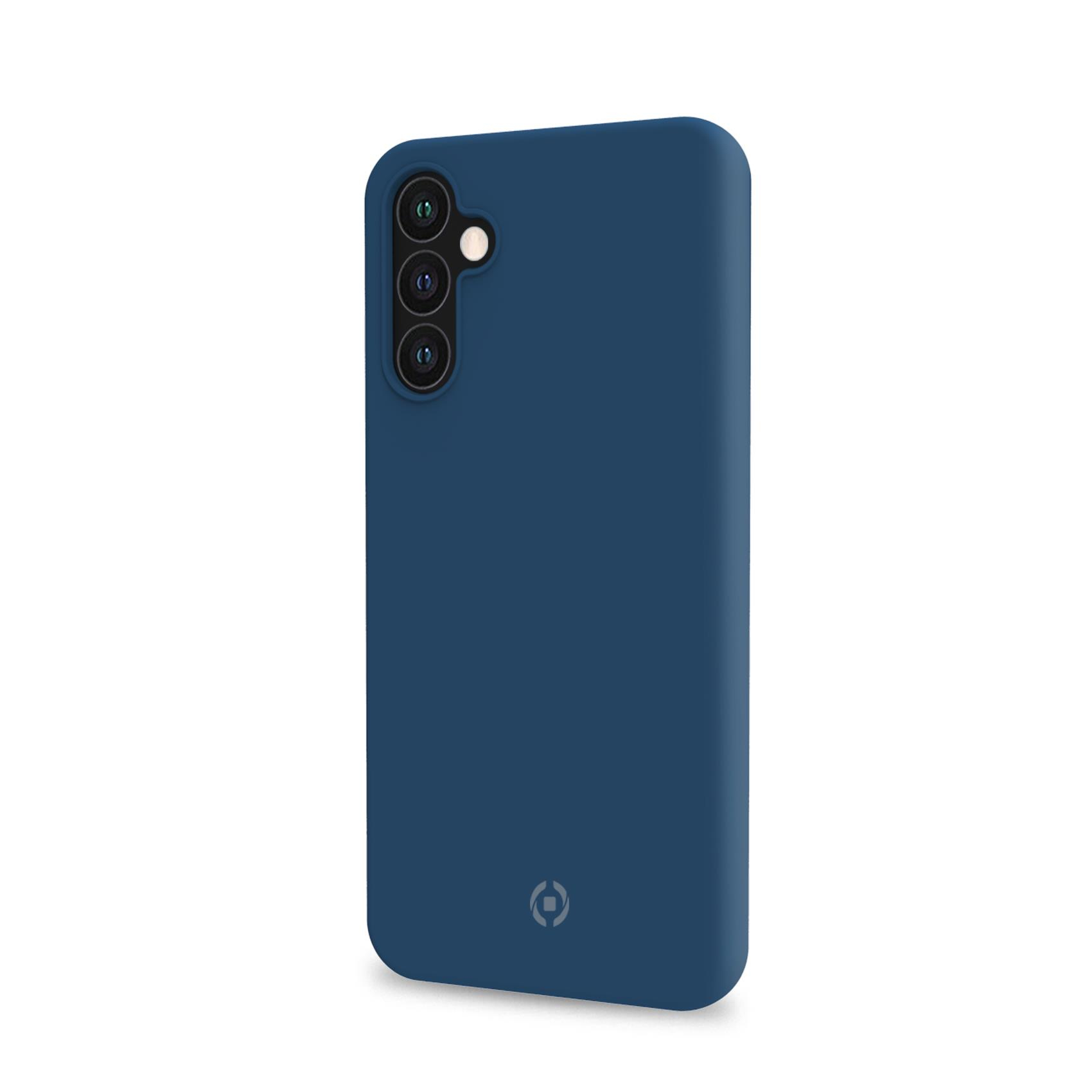 Fundas para smartphone azul oscuro sobre fondo blanco, con triple cámara vertical y logo discreto abajo.