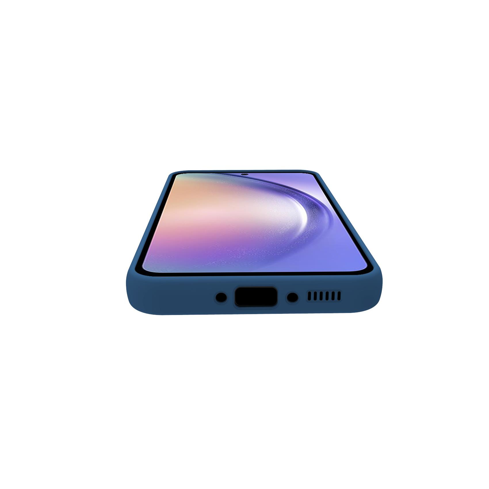 Un teléfono azul con pantalla colorida en funda protectora, visto desde el borde inferior sobre fondo blanco.