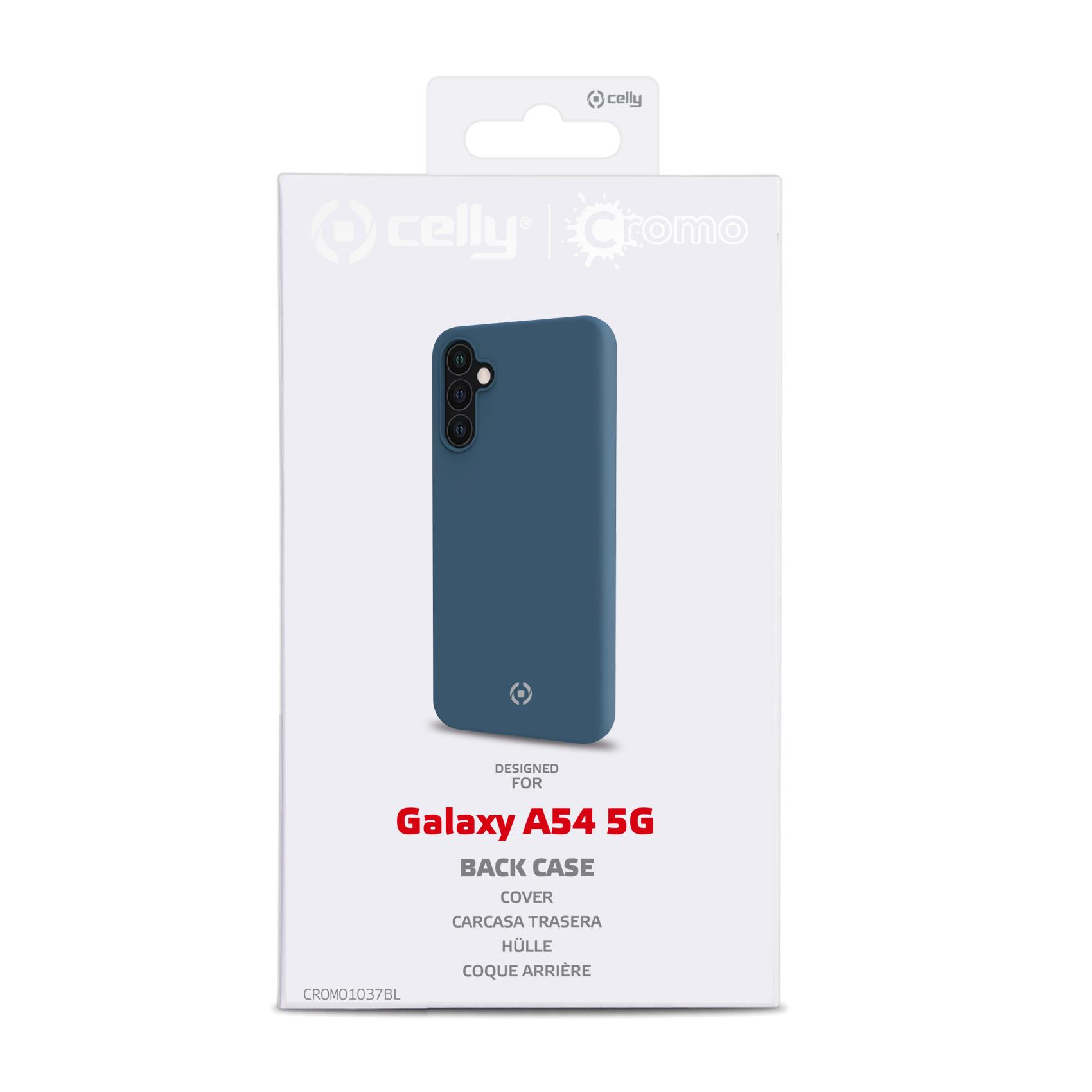Envase de producto blanco para una carcasa trasera azul oscura Celly Cromo para Galaxy A54 5G.
