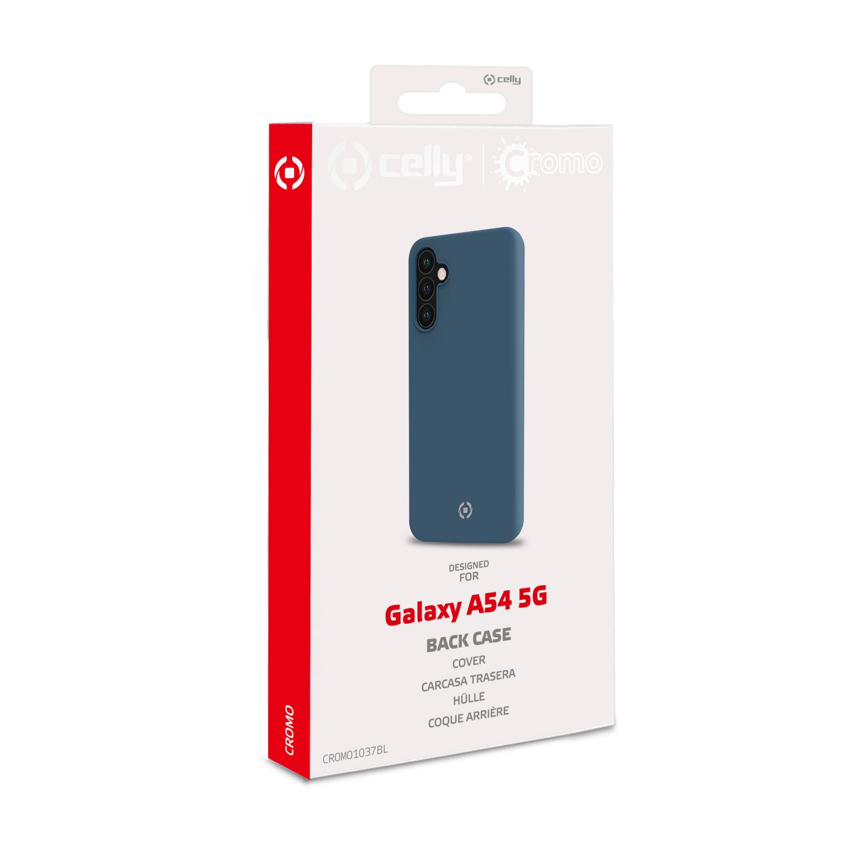 Empaque blanco Celly Cromo con funda azul para Galaxy A54 5G y detalles rojos.