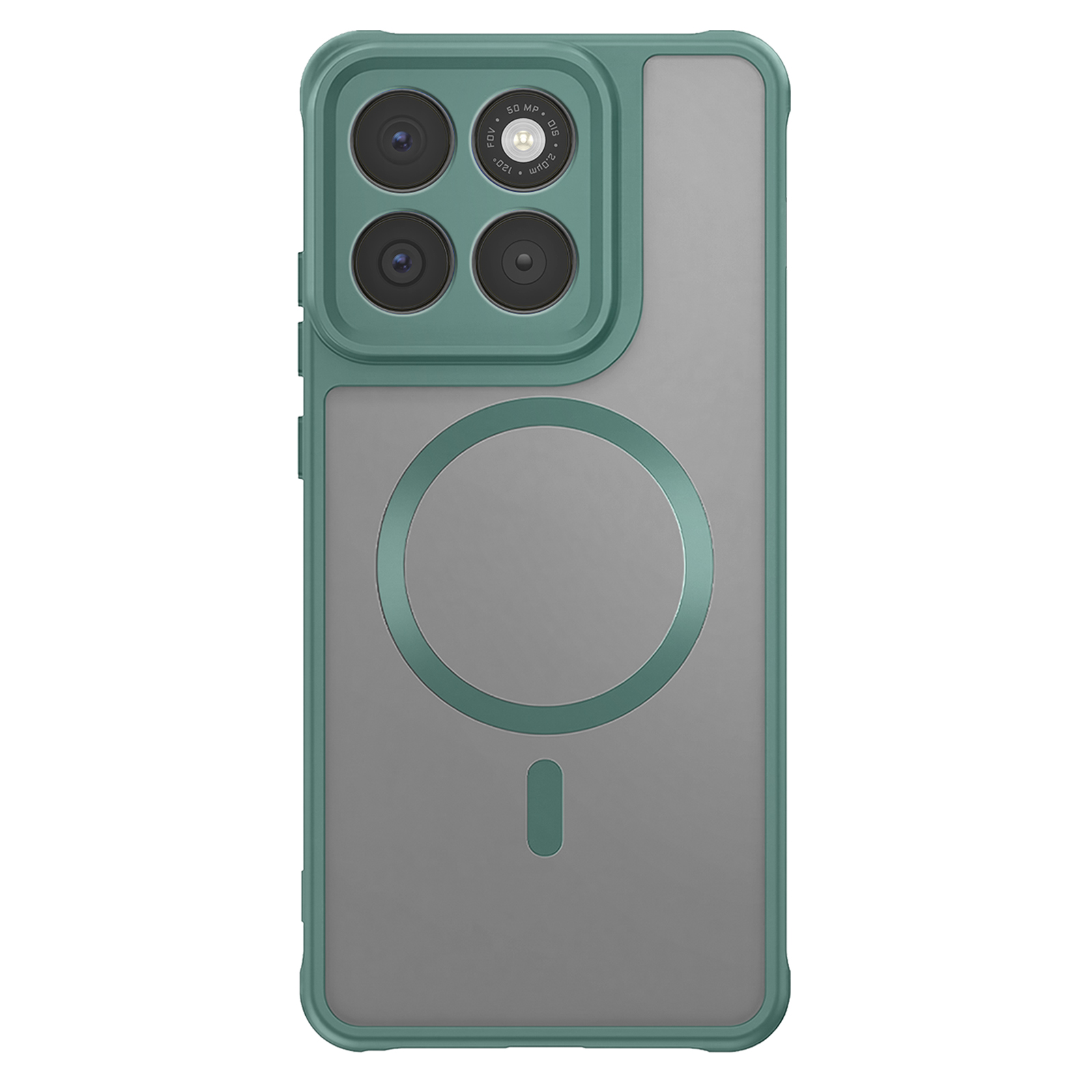 Grüne Smartphone-Hülle mit durchsichtiger Rückseite, Kameraaussparung und magnetischem Ring.