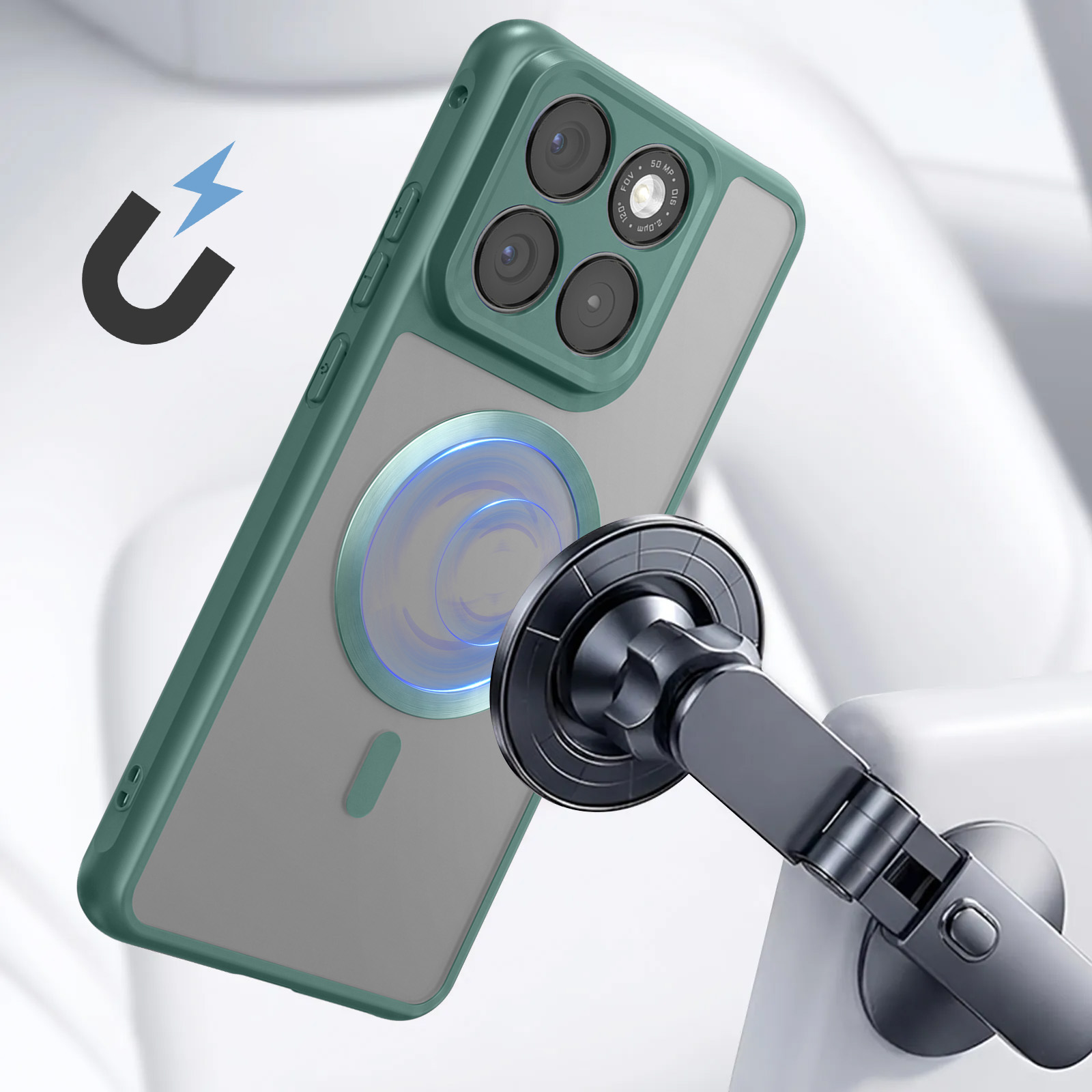Ein grünes Smartphone an einer Magnethalterung fürs Auto mit einem blauen Magnetsymbol links.