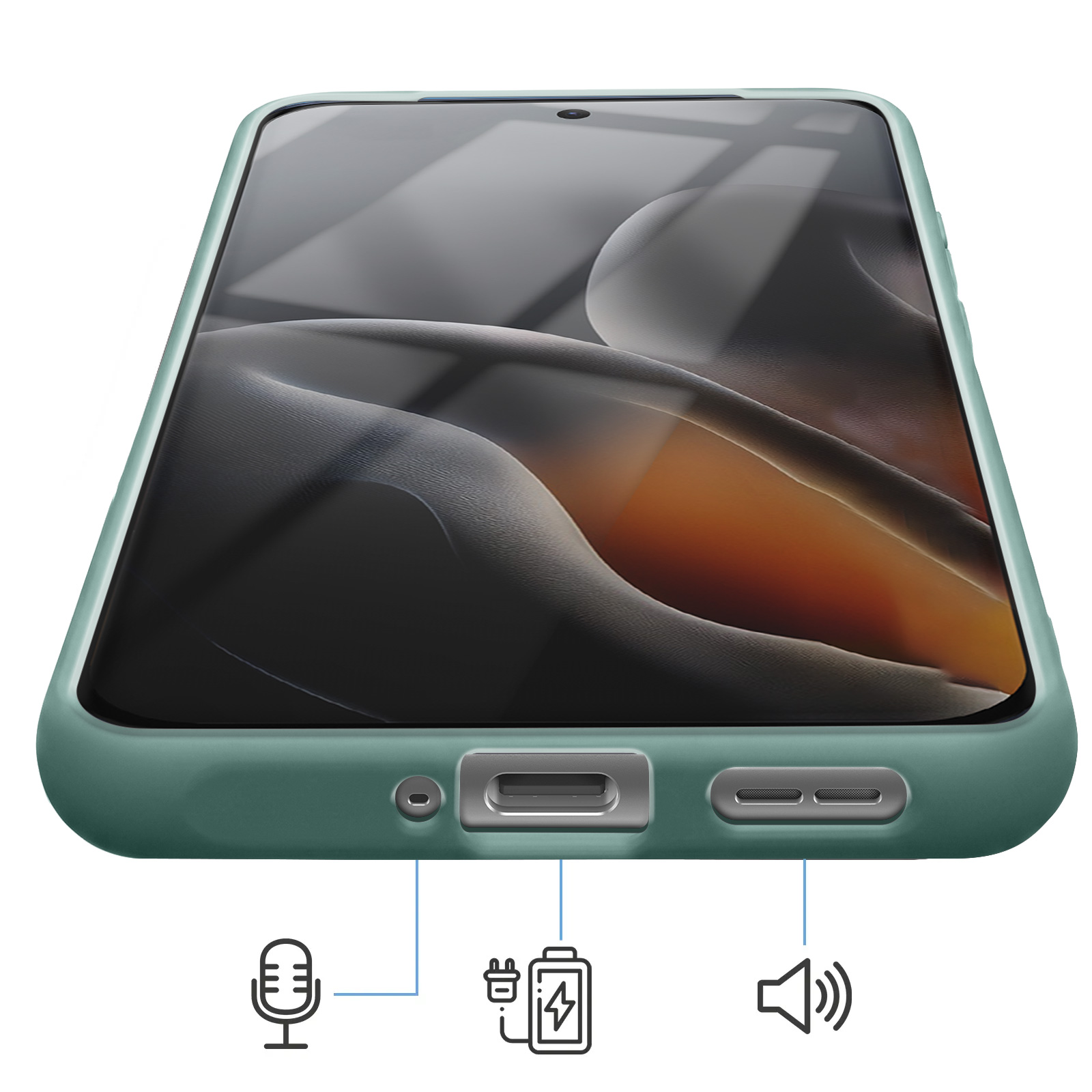 Grünes Smartphone in Schutzhülle mit Icons für Mikrofon, Ladeanschluss und Lautsprecher unten.