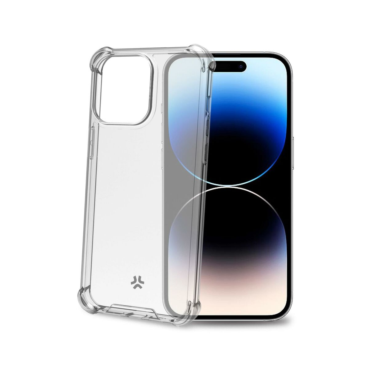 Una funda protectora transparente junto a un teléfono con fondo azul.