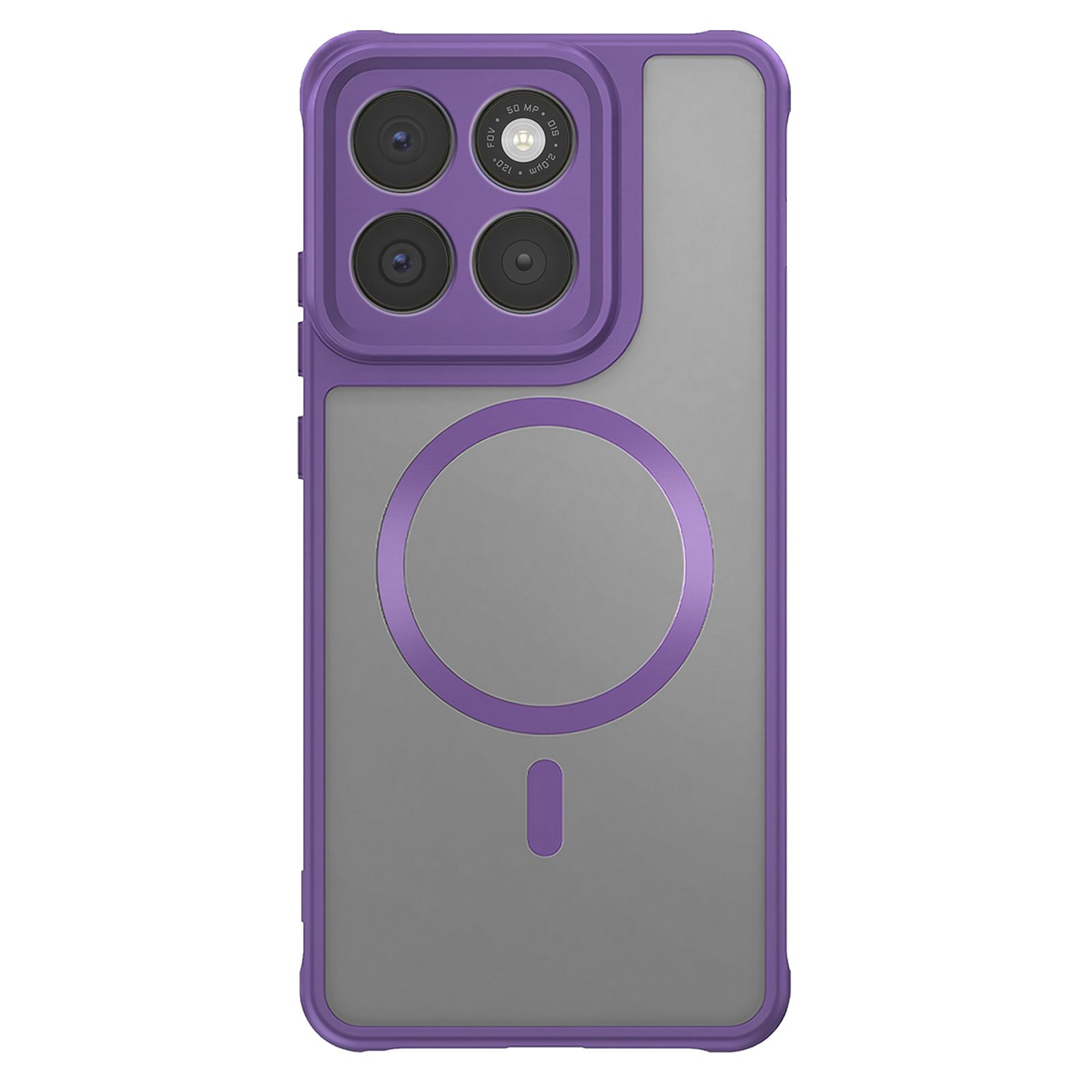 Eine lila Smartphone-Hülle mit transluzenter Rückseite, Magnetring und quadratischem Kameramodul mit vier Aussparungen.