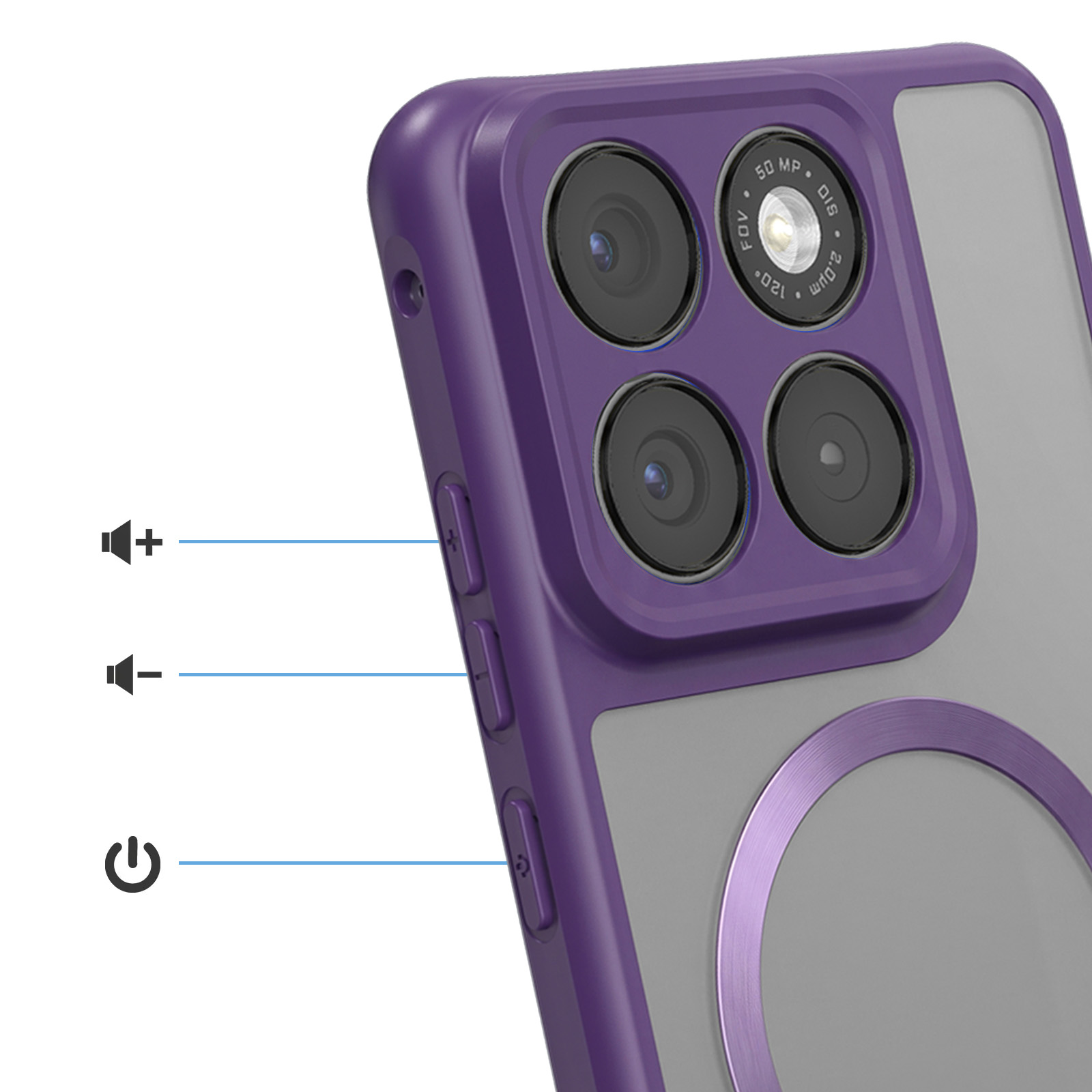Violette Smartphone-Hülle mit vier Kamera-Linsen, Lautstärke- und Ein/Aus-Tasten.
