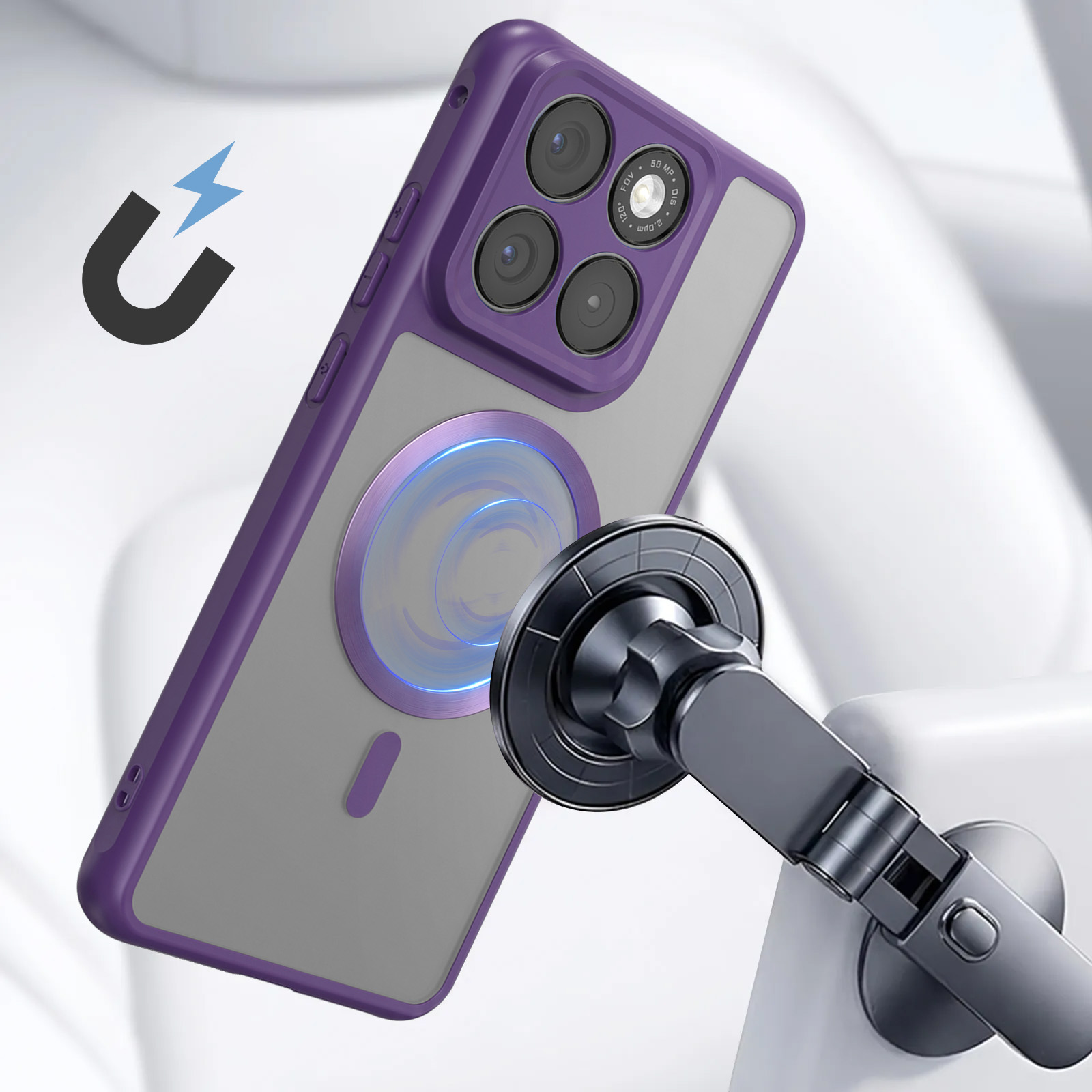 Ein lilafarbenes Smartphone in einer Magnethalterung mit MagSafe-Ring auf der Rückseite.