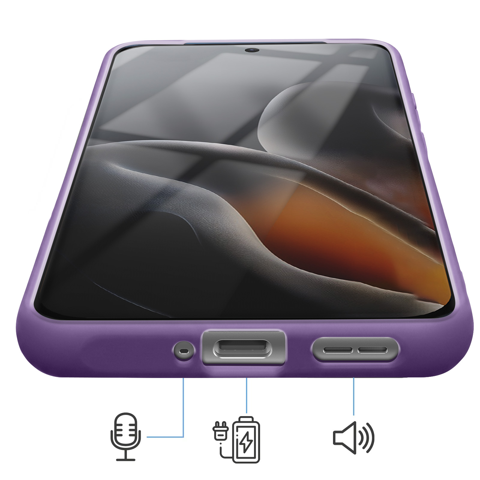 Ansicht der Unterseite eines Smartphones in einer violetten Schutzhülle mit Anschlüssen und Symbolen.