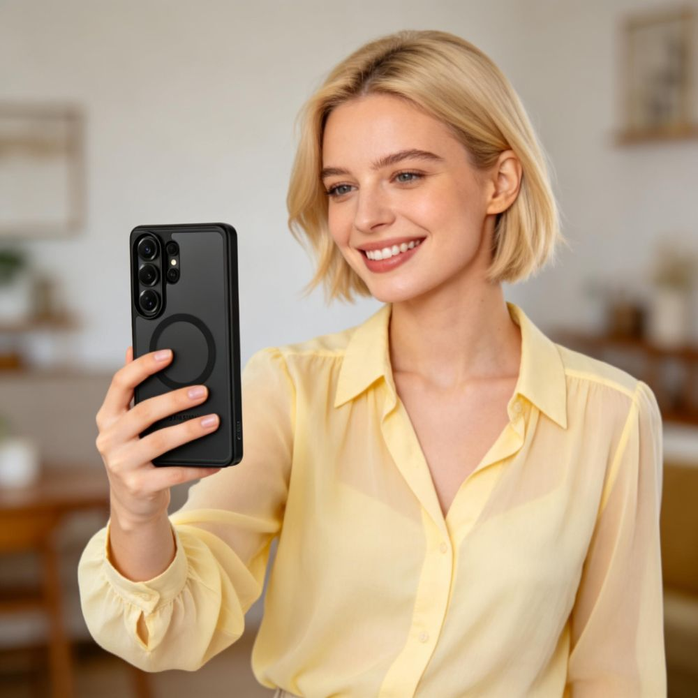 Eine blonde Frau in einer gelben Bluse hält ein schwarzes Smartphone und macht ein Selfie in einem hellen Raum.