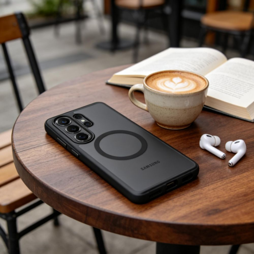 Ein schwarzes Samsung-Smartphone, eine Kaffeetasse, ein offenes Buch und Ohrhörer liegen auf einem Holztisch.