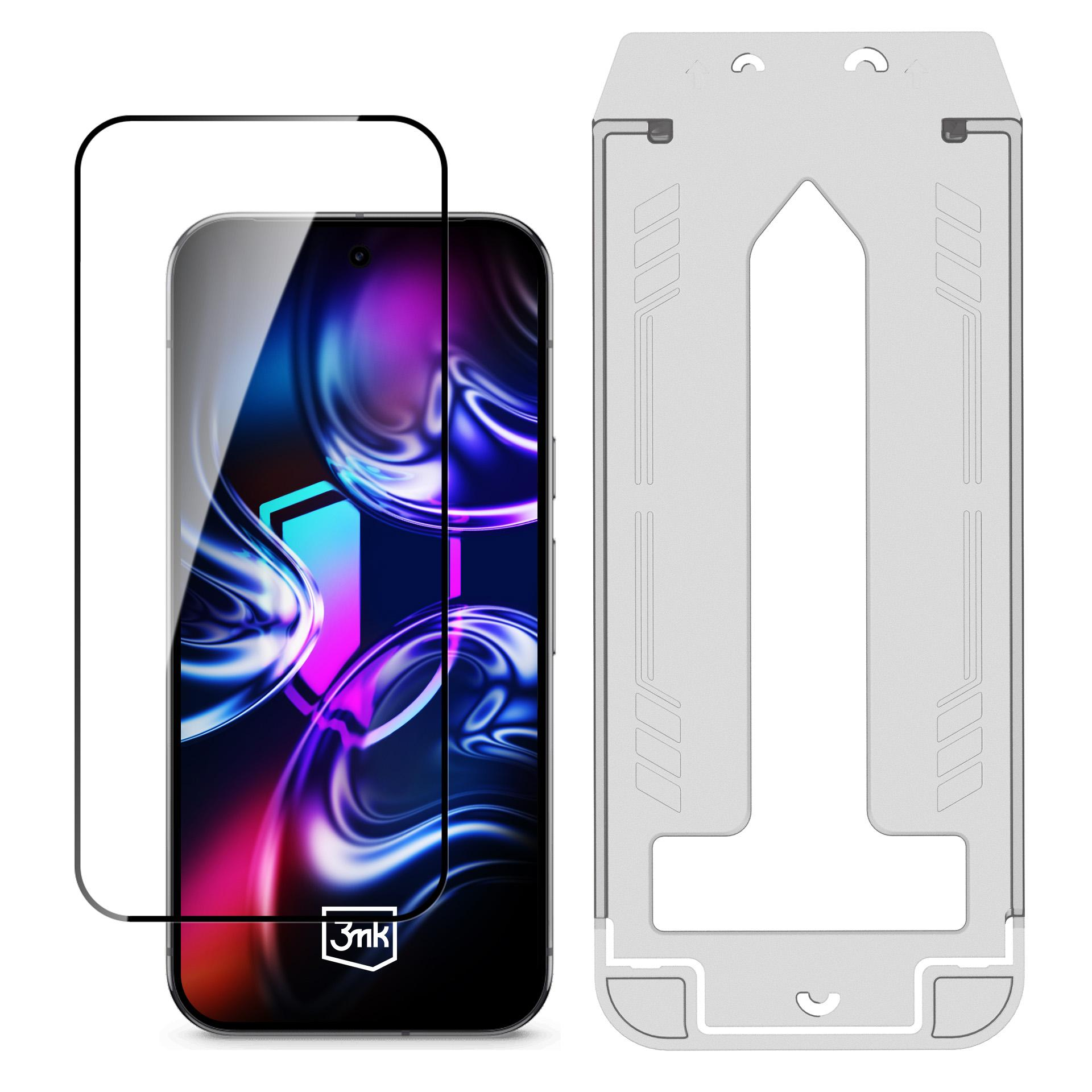 Smartphone con vetro protettivo e uno strumento di installazione accanto su sfondo bianco.
