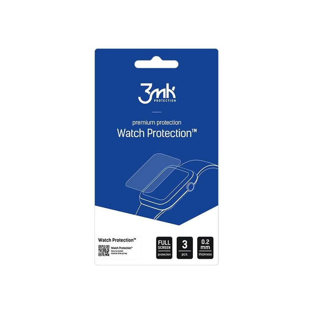 Confezione blu 3mk Watch Protection con grafica, codice QR e dettagli come 3 pezzi e spessore di 0,2 mm.