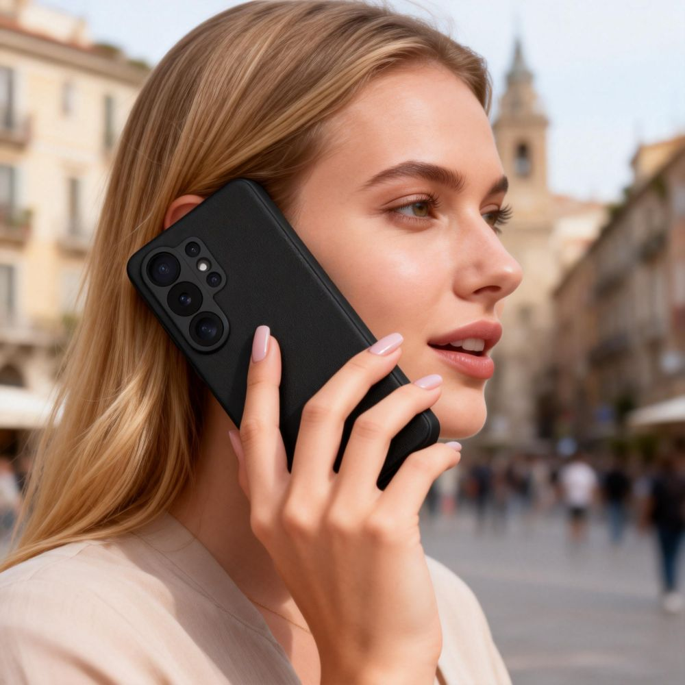 Eine blonde Frau in einem hellen Oberteil telefoniert im Freien auf einem Stadtplatz mit einem schwarzen Smartphone.
