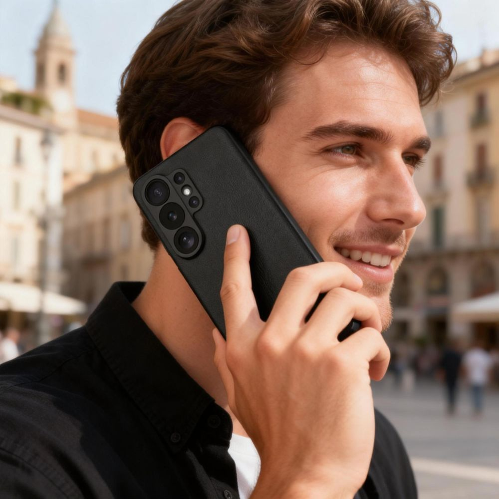 Ein junger Mann mit braunem Haar telefoniert lächelnd im Freien mit einem schwarzen Smartphone.