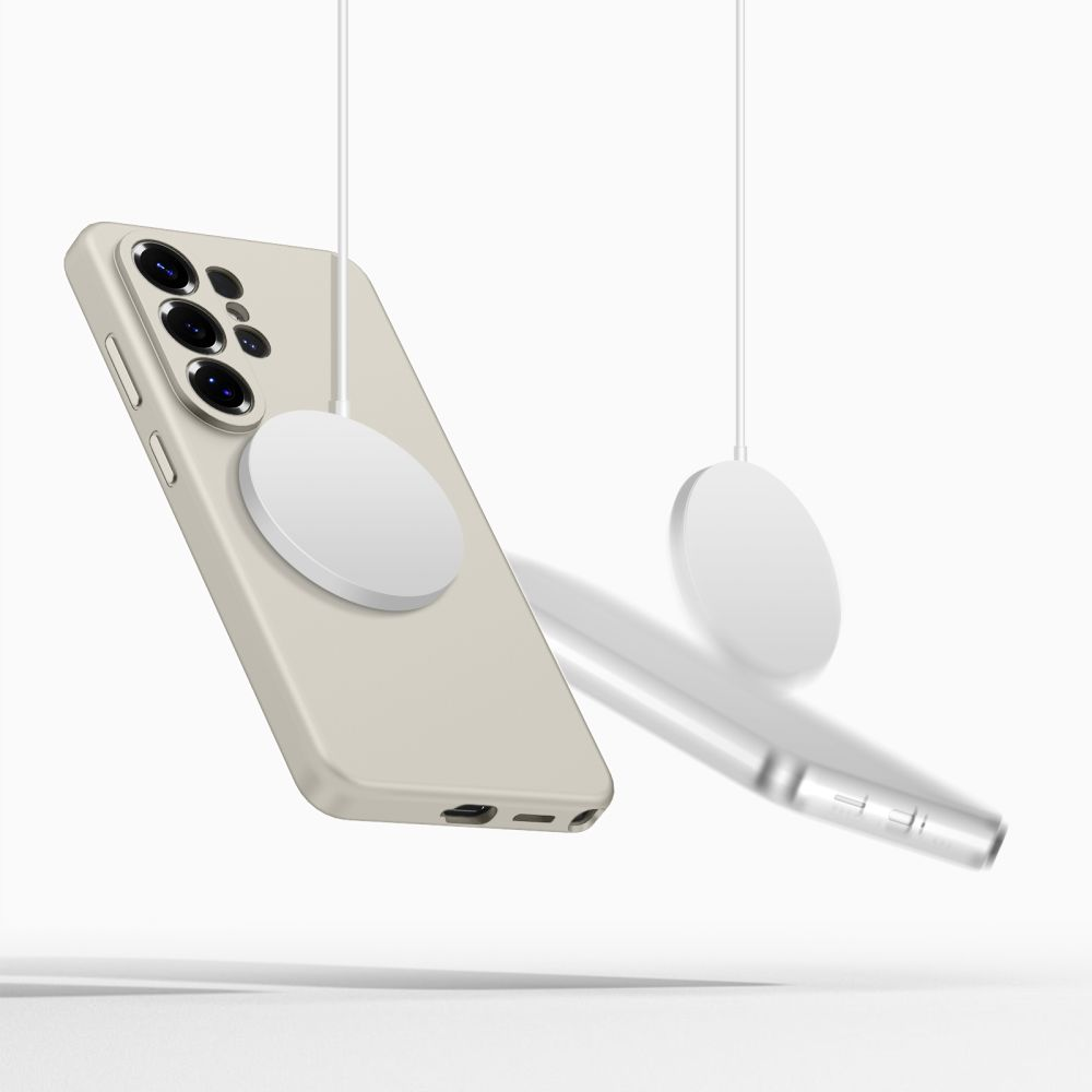 Ein cremefarbenes Smartphone mit einer Magnethalterung, die auf der Rückseite angebracht ist, vor weißem Hintergrund.