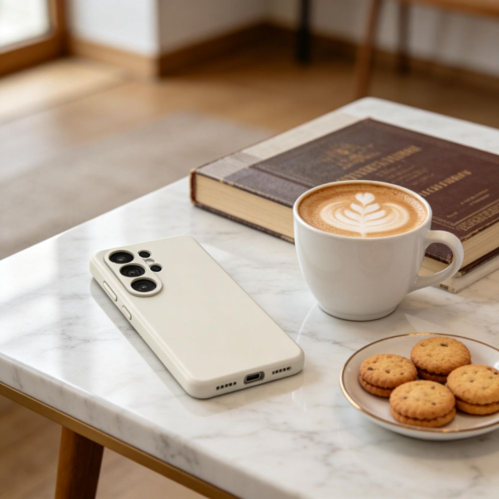 Ein weißes Smartphone, eine Kaffeetasse und Plätzchen auf einem Marmortisch.