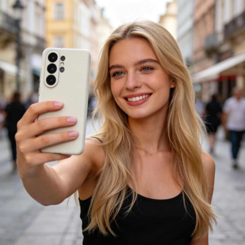 Eine blonde Frau in einem schwarzen Top macht ein Selfie mit einem hellen Smartphone in einer belebten Fußgängerzone.