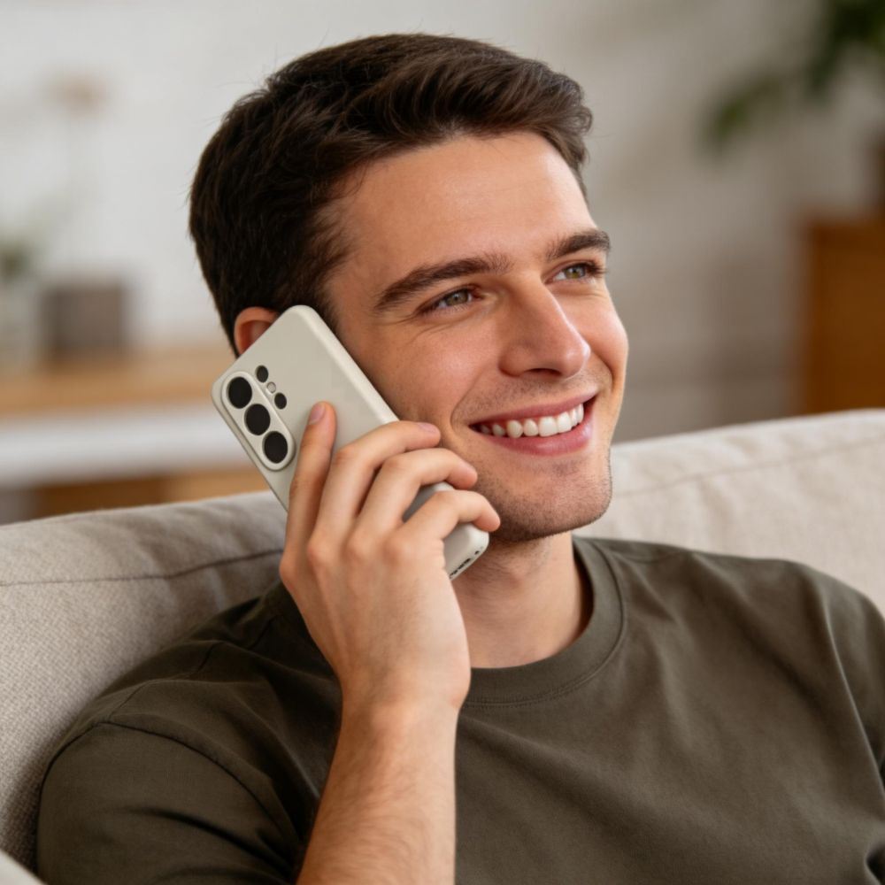 Ein lächelnder junger Mann in einem olivgrünen T-Shirt sitzt auf einem Beigefarbenen Sofa und telefoniert.