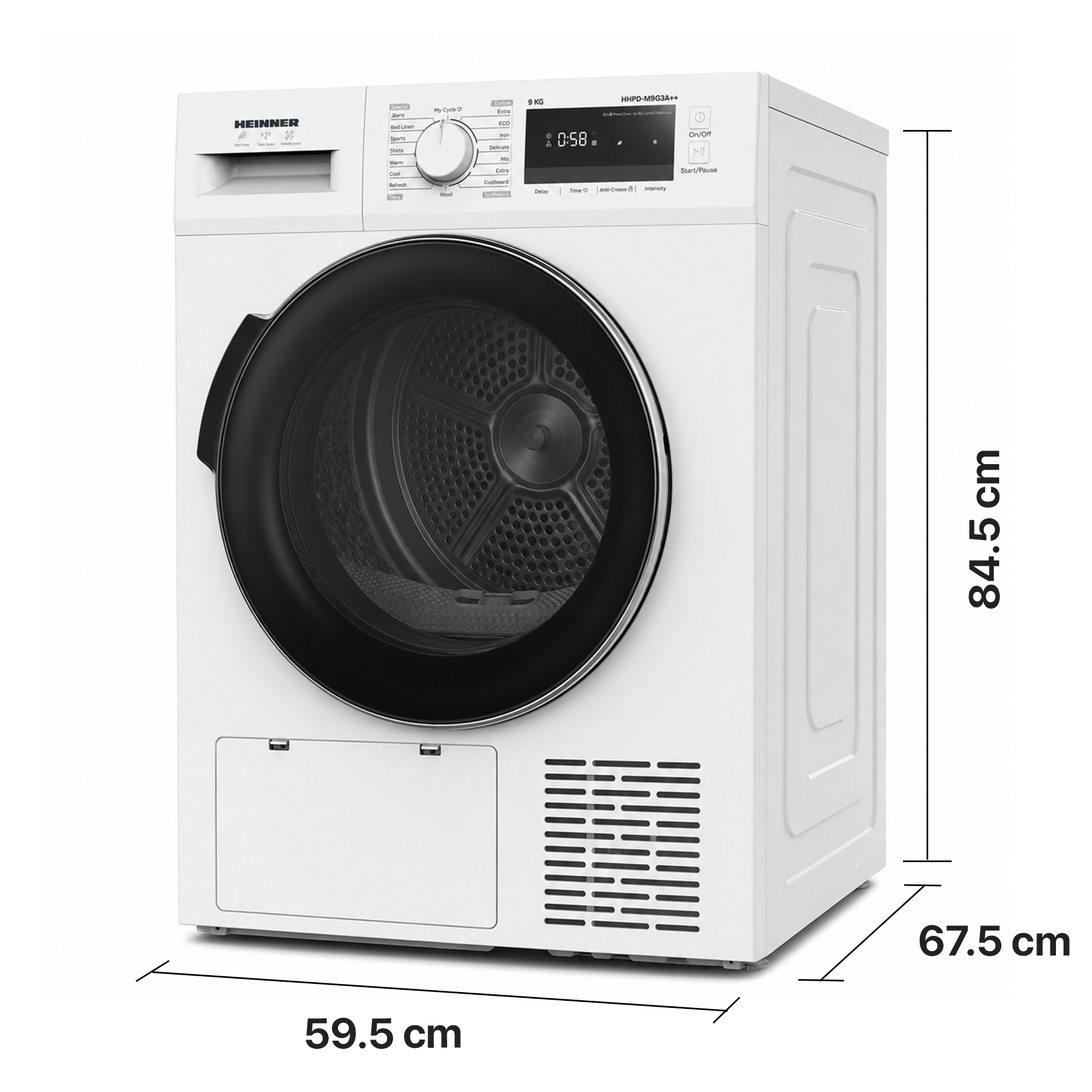 White Heinner tumble dryer with black glass door and dimensions 84.5x59.5x67.5 cm.