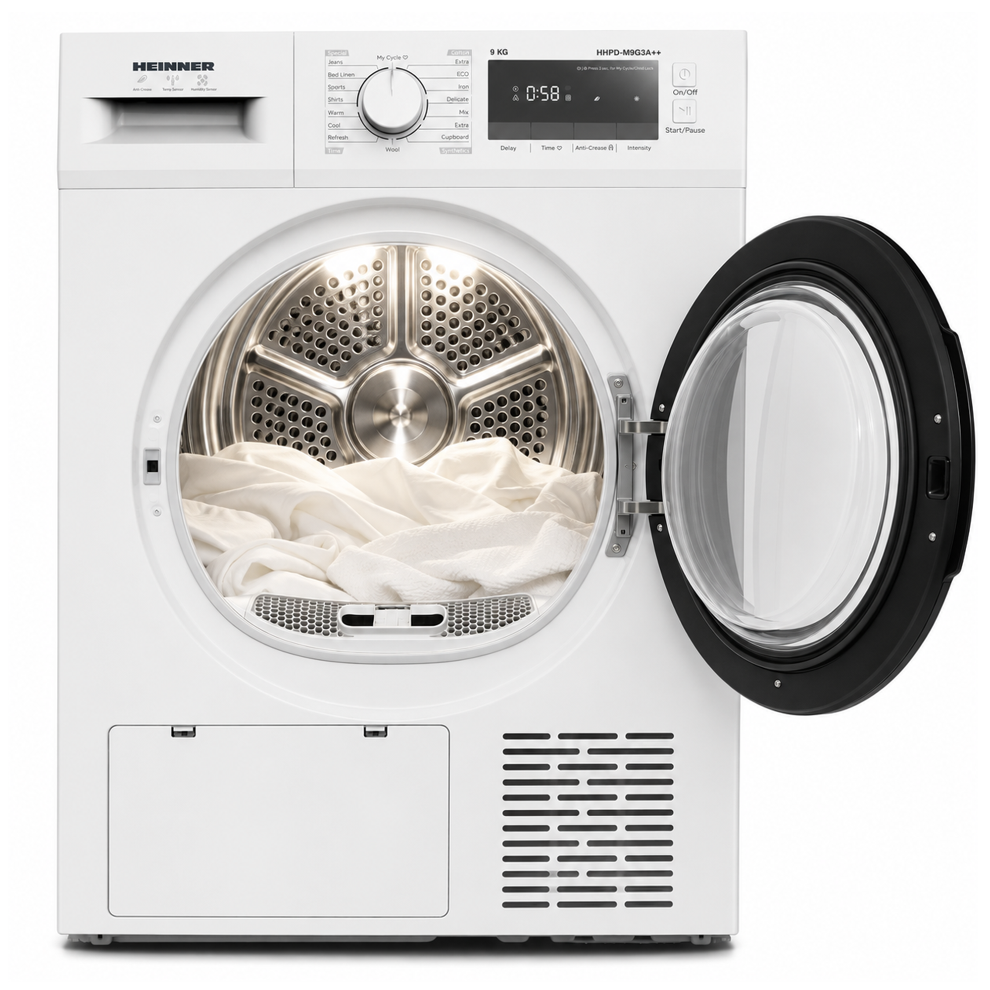 White Heinner tumble dryer with an open door, illuminated drum, and white laundry inside.