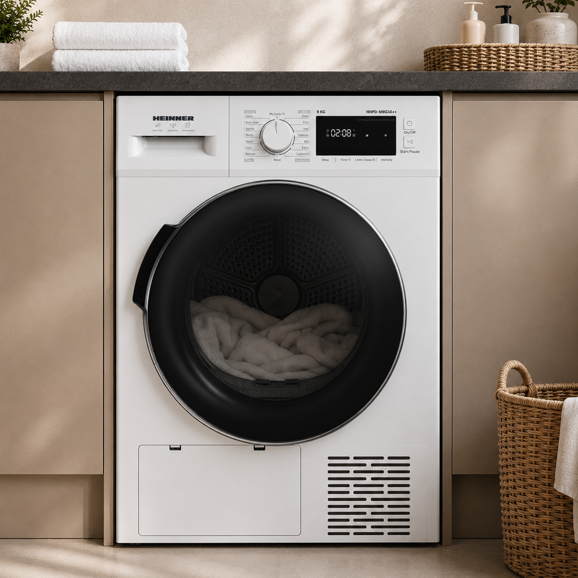 A white Heinner tumble dryer stands between wooden cabinets with laundry inside and towels on top.