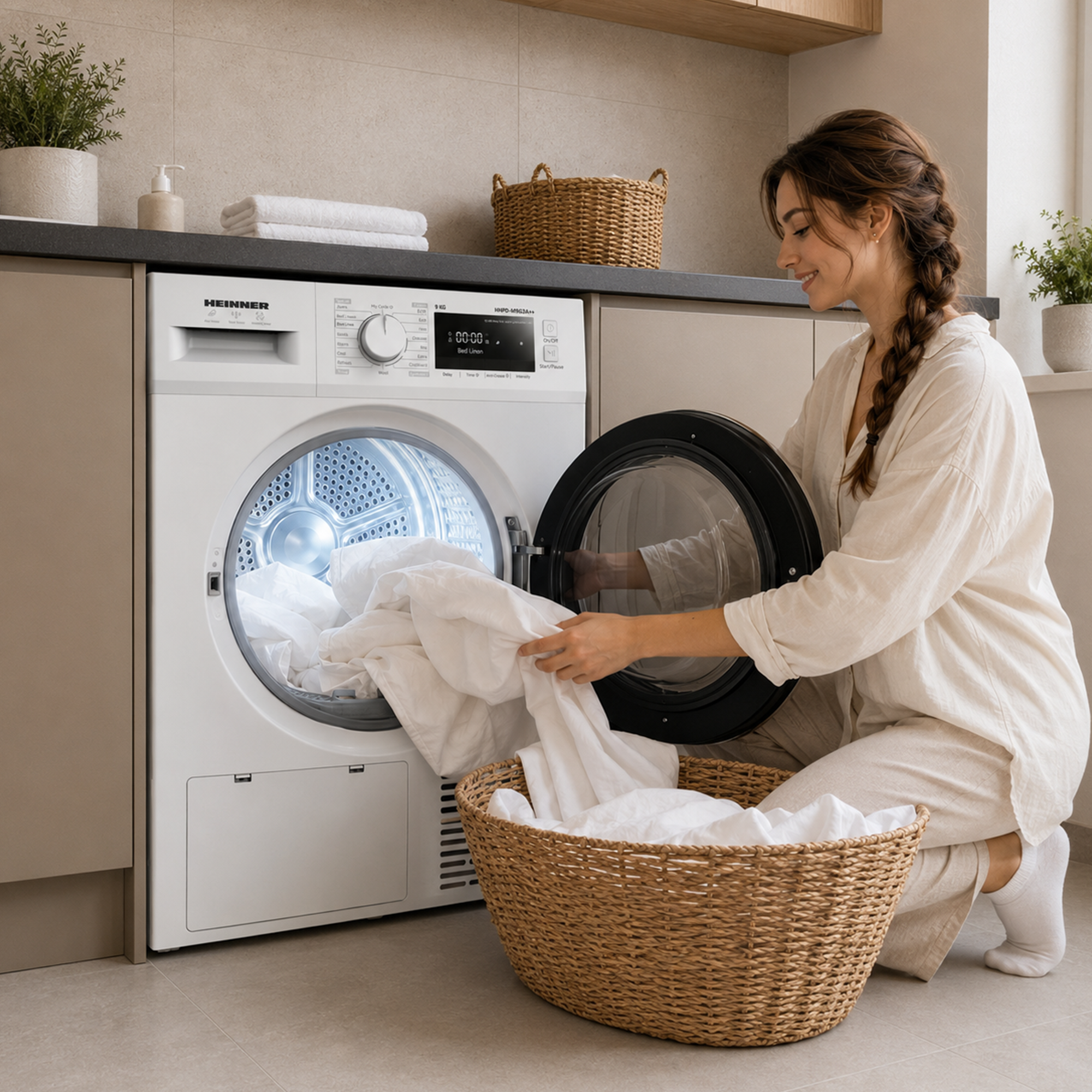 A woman loads white laundry into a front-load washing machine from a wicker basket in a utility room.