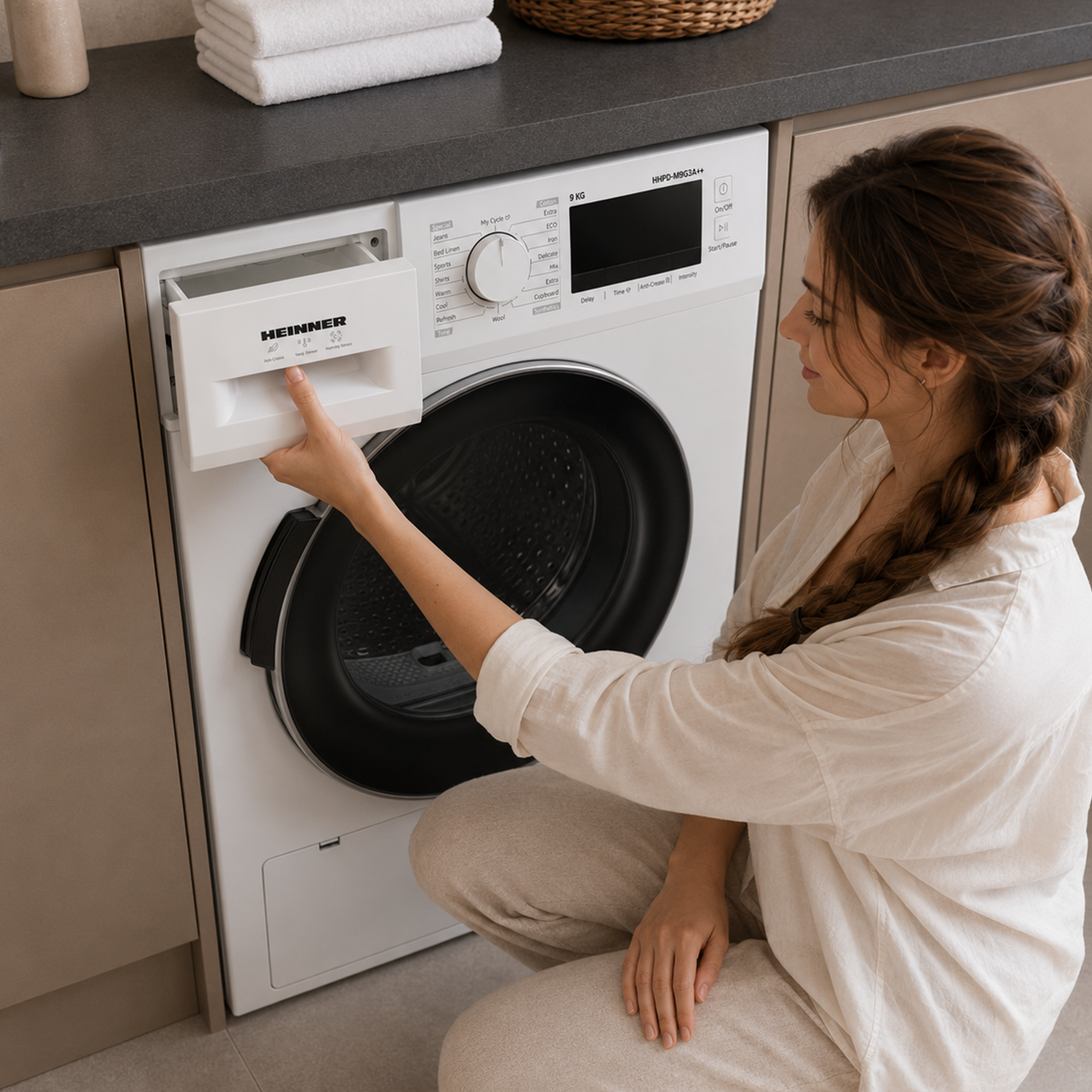 A woman in white clothing opens the detergent drawer of a white Heinner washing machine.